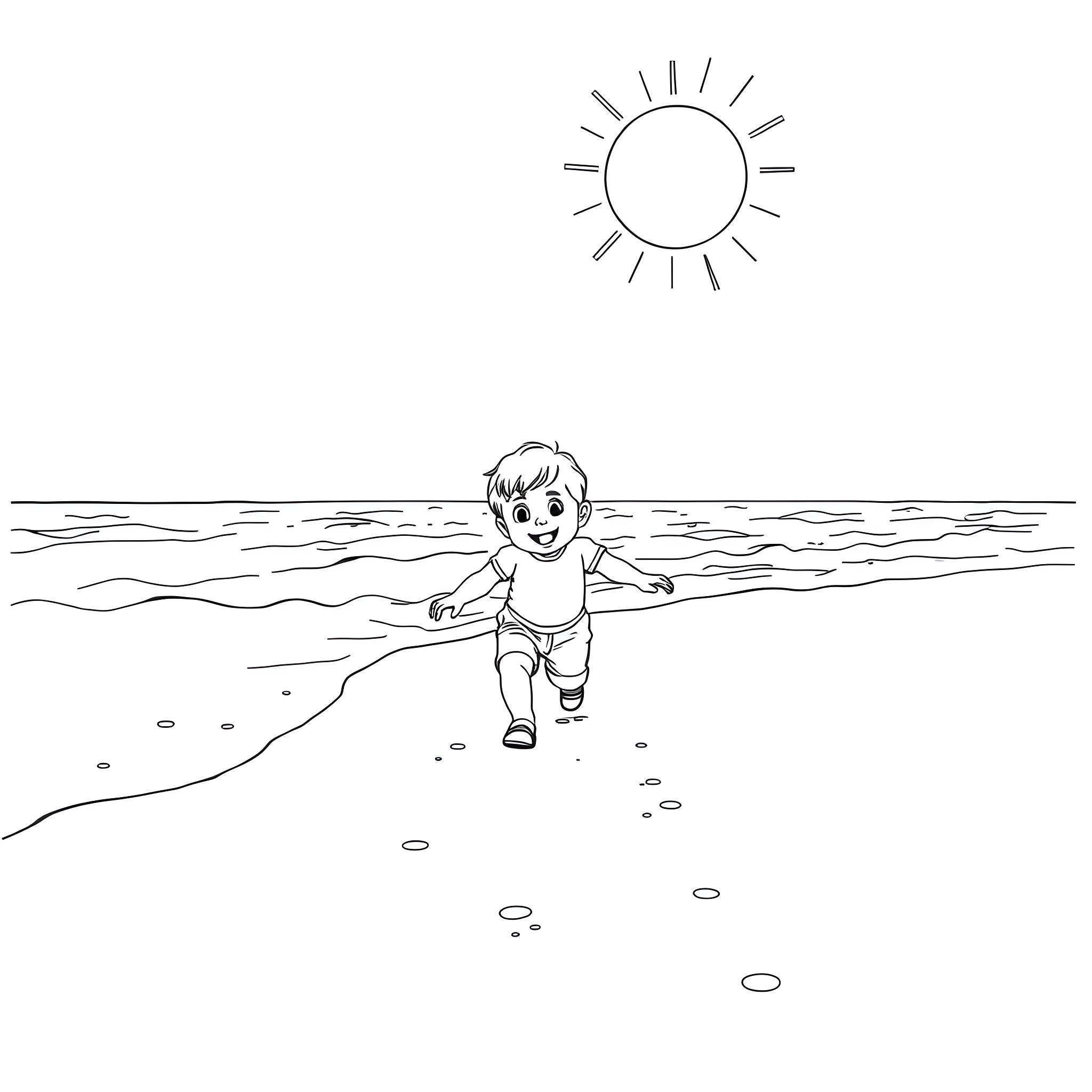 Toddler playing joyfully in the waves Coloring Page (free black-and-white line drawing printable PDF for all, from beginners to advanced learners, including children, teens, adults, and seniors)