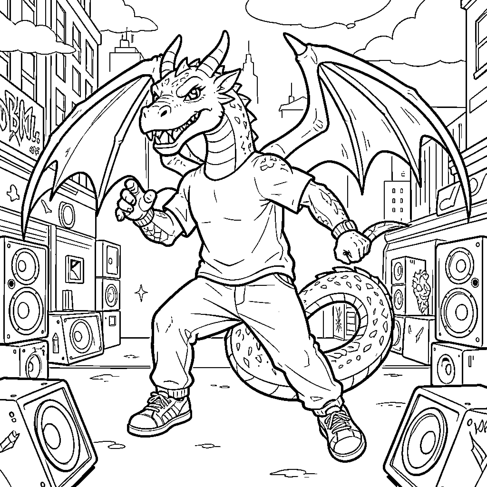 Dragon dancing energetically amidst street speakers Coloring Page (free black-and-white line drawing printable PDF for all, from beginners to advanced learners, including children, teens, adults, and seniors)