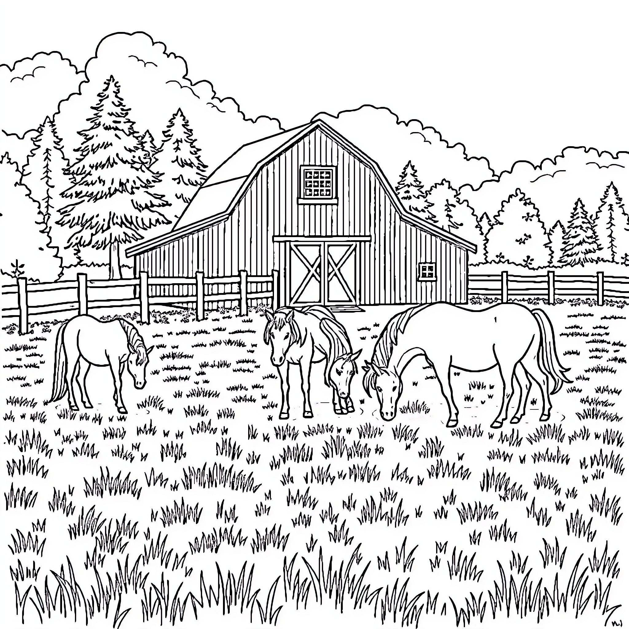 Horse grazing peacefully near a rustic barn Coloring Page (free black-and-white line drawing printable PDF for all, from beginners to advanced learners, including children, teens, adults, and seniors)