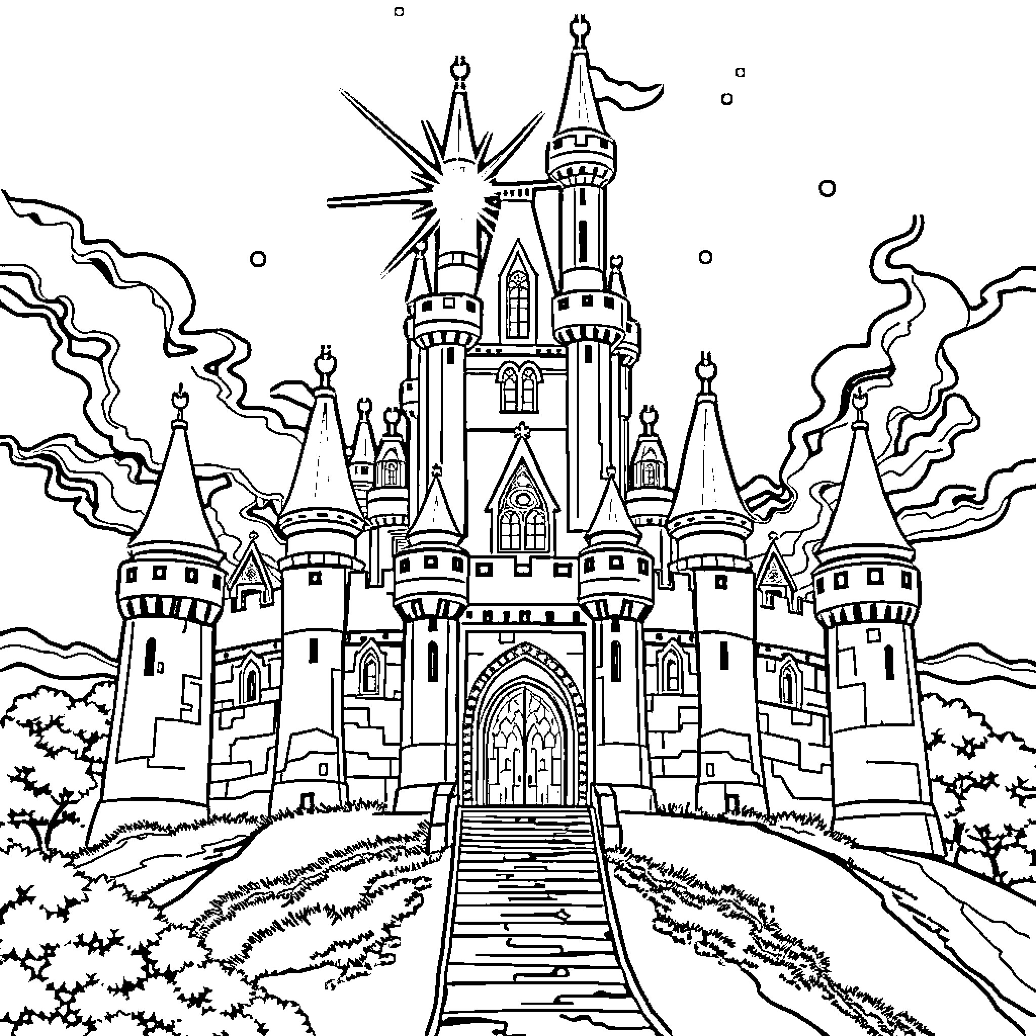 Castillo - Majestic Castle in an Enchanting Landscape Coloring Page (free black-and-white line drawing printable PDF for all, from beginners to advanced learners, including children, teens, adults, and seniors)