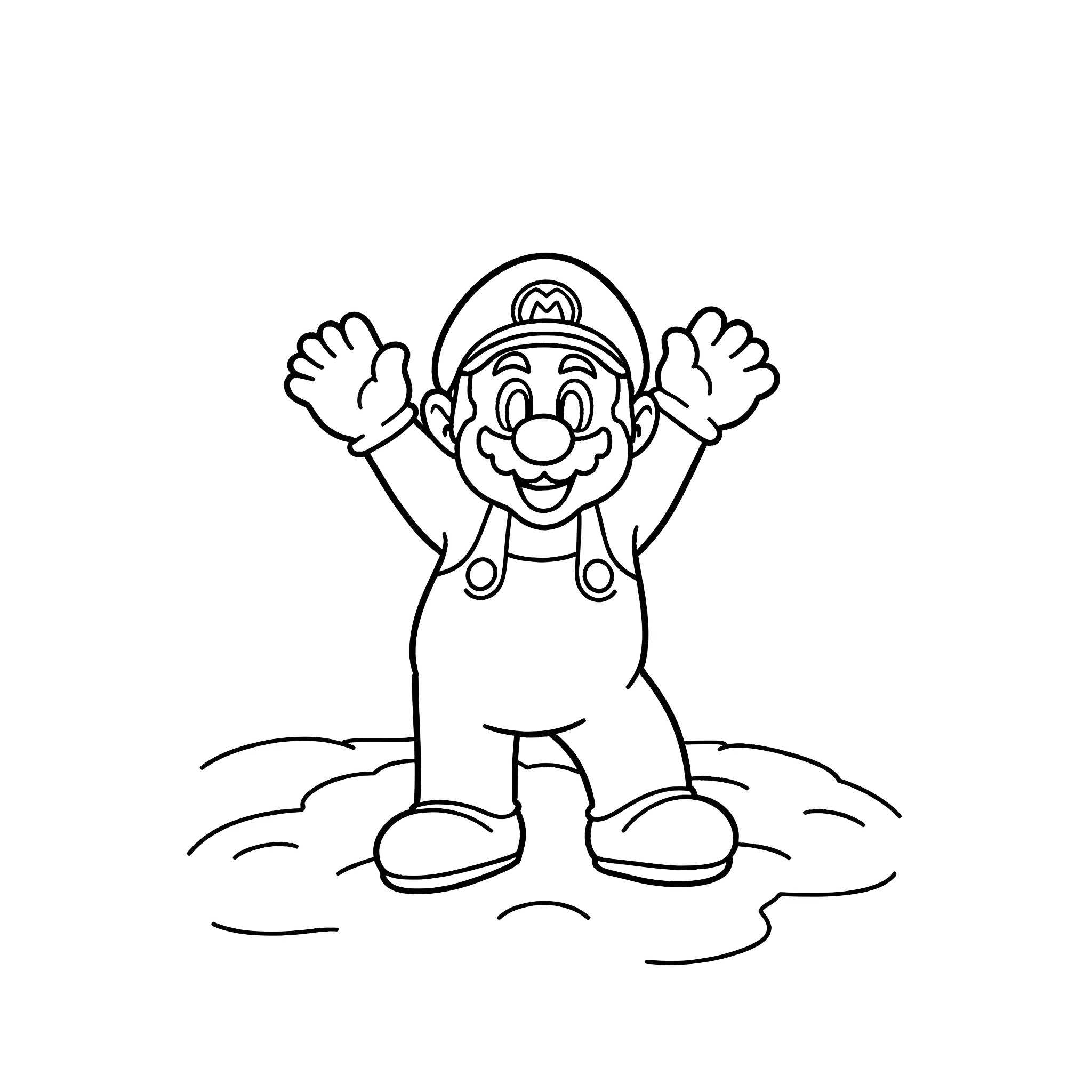 Mario jumping with excitement Coloring Page (free black-and-white line drawing printable PDF for all, from beginners to advanced learners, including children, teens, adults, and seniors)