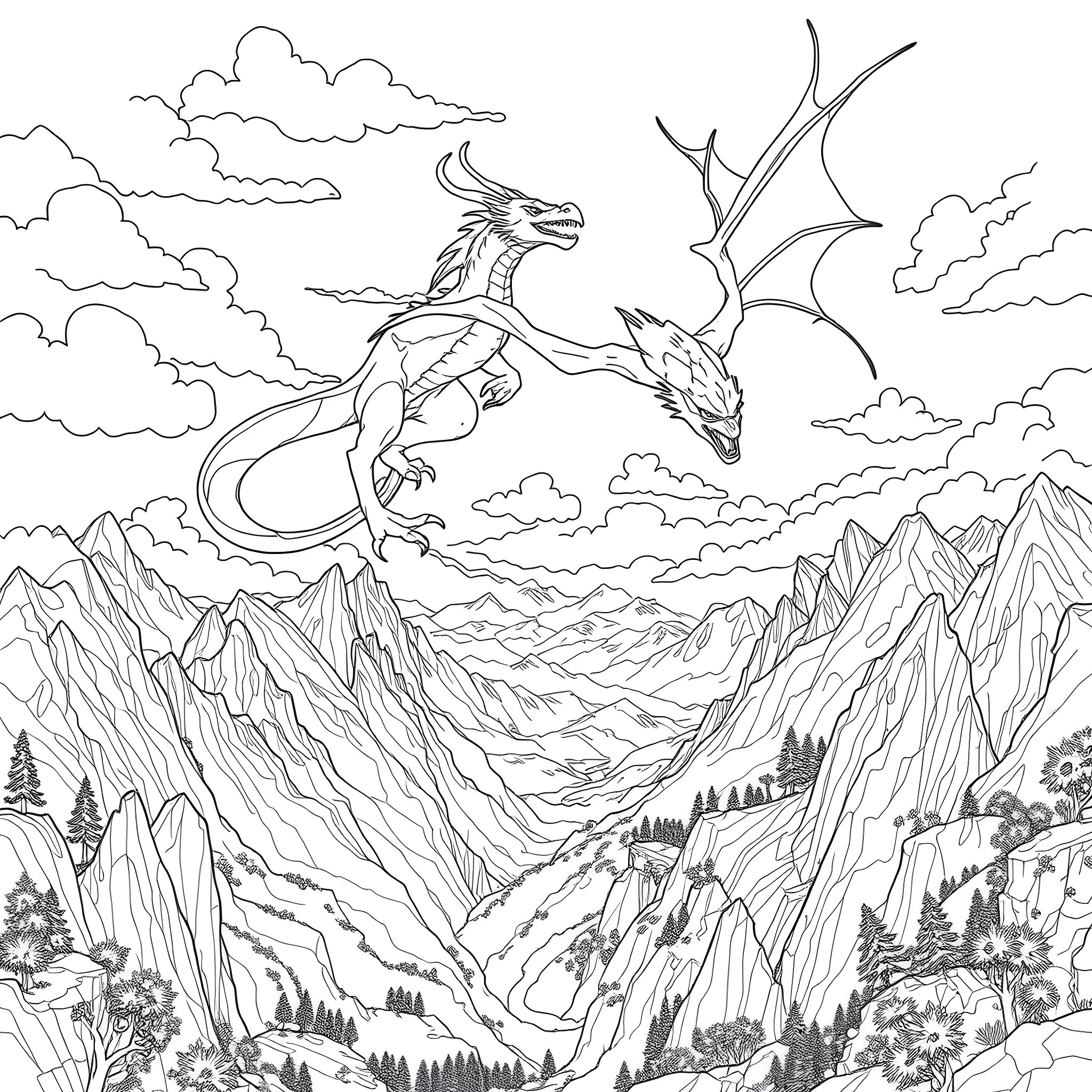 Dragon soaring gracefully over a dramatic mountainous landscape Coloring Page (free black-and-white line drawing printable PDF for all, from beginners to advanced learners, including children, teens, adults, and seniors)