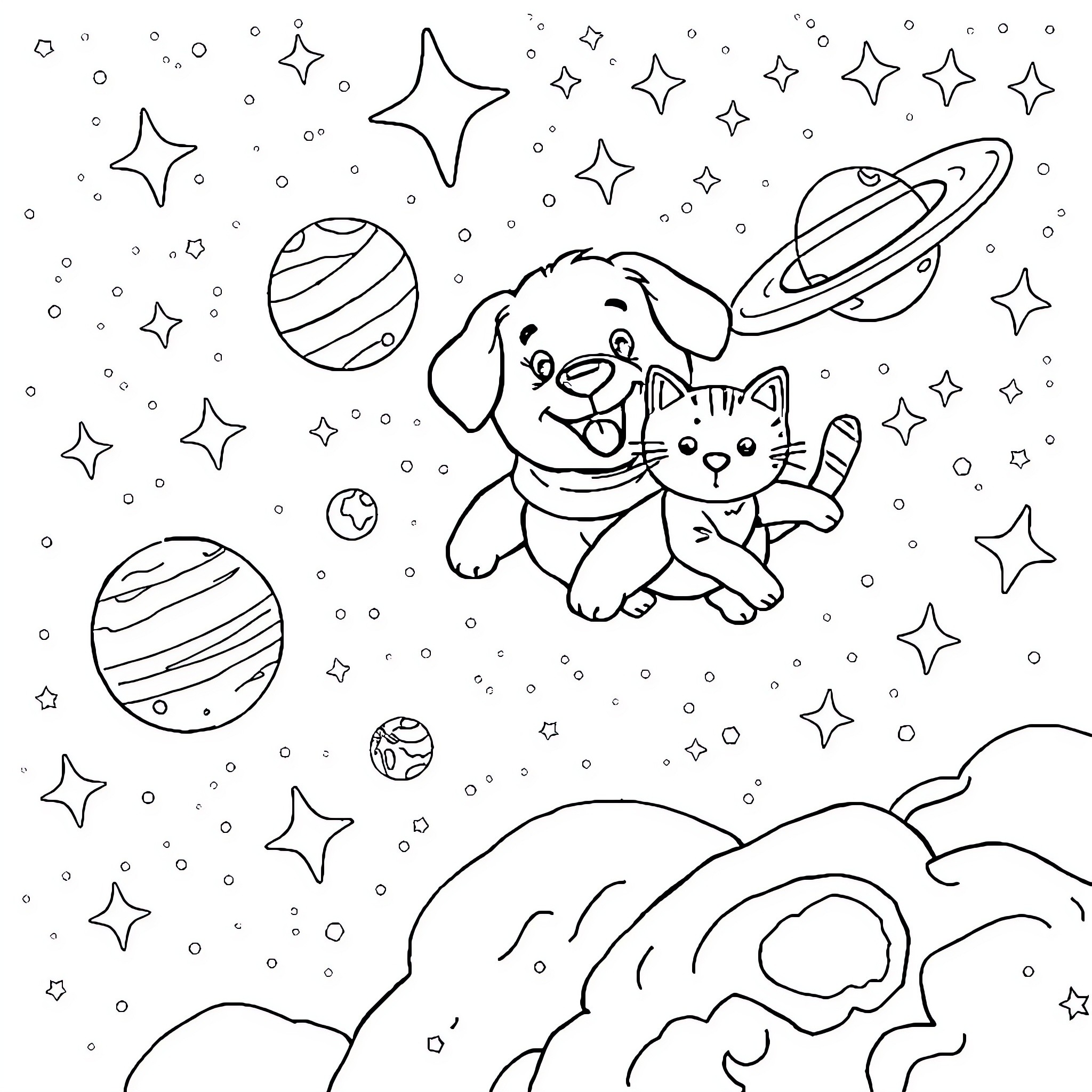 Dog and cat exploring space and planets Coloring Page (free black-and-white line drawing printable PDF for all, from beginners to advanced learners, including children, teens, adults, and seniors)