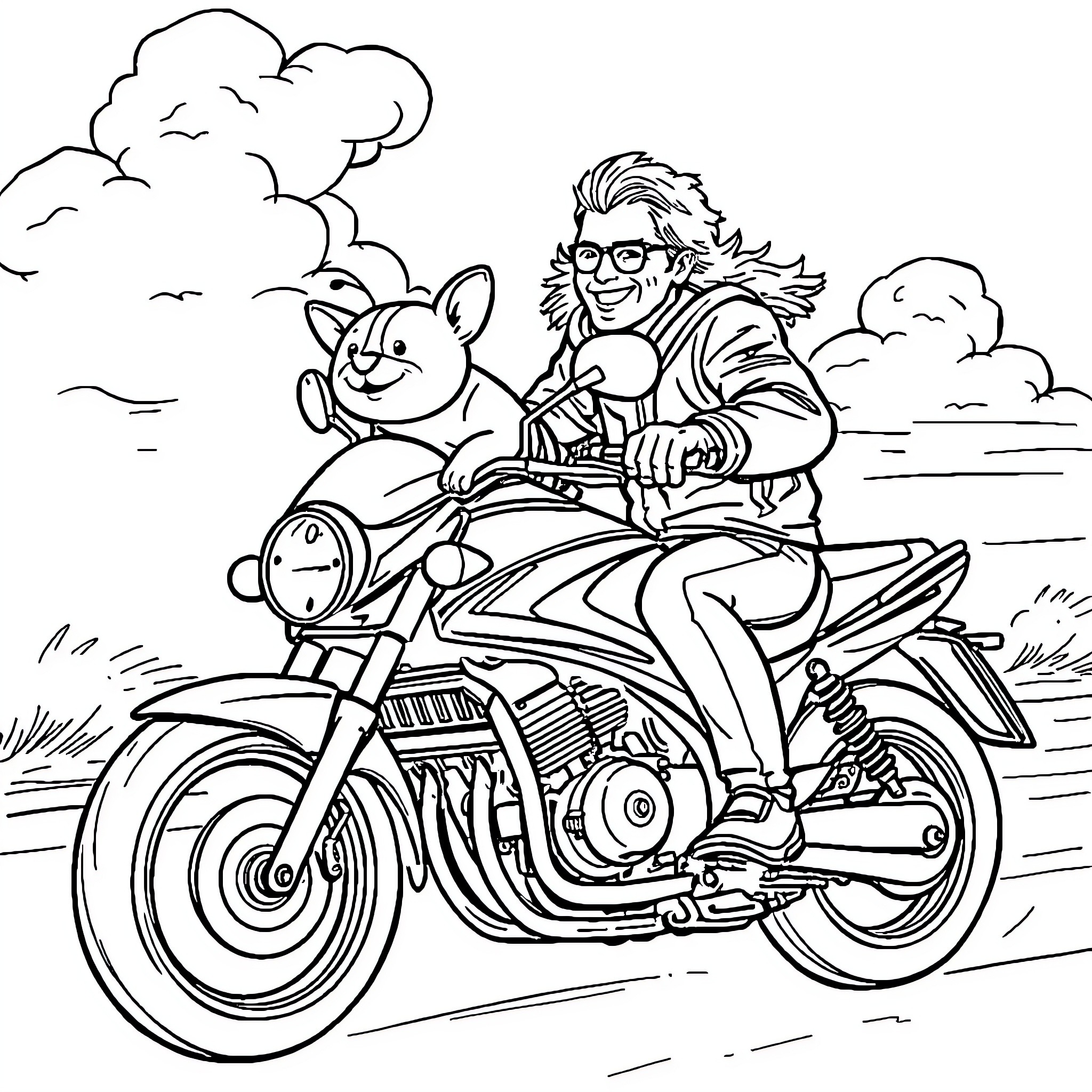 Moto Rider and Pet Pig Enjoying Scenic Ride Coloring Page (free black-and-white line drawing printable PDF for all, from beginners to advanced learners, including children, teens, adults, and seniors)