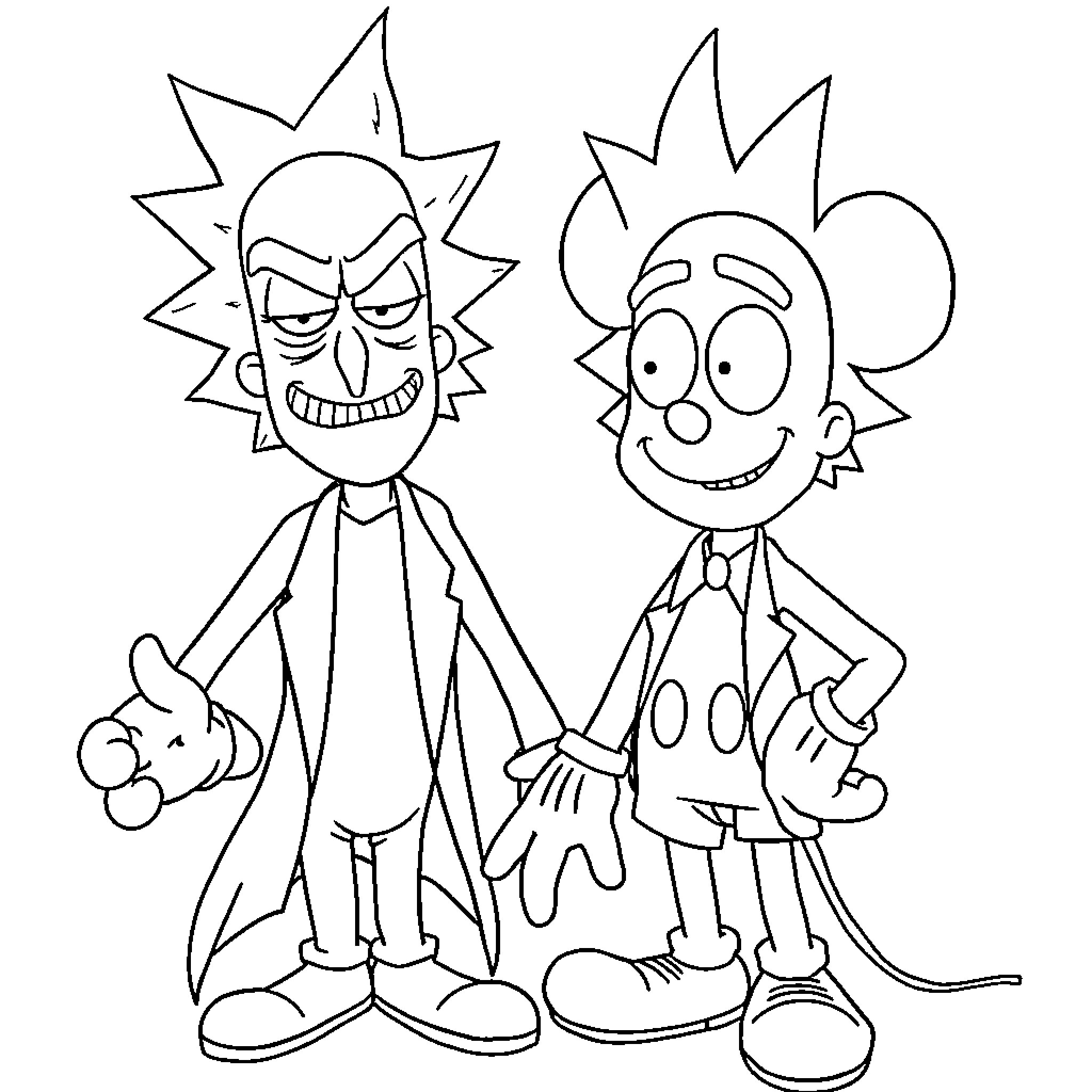 Rick and Morty: Mischievous Adventures in Cartoon Land Coloring Page (free black-and-white line drawing printable PDF for all, from beginners to advanced learners, including children, teens, adults, and seniors)