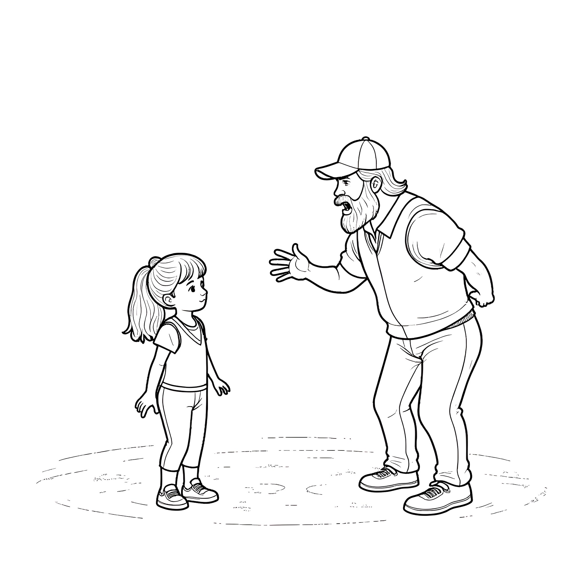 Man having a conversation with a young girl Coloring Page (free black-and-white line drawing printable PDF for all, from beginners to advanced learners, including children, teens, adults, and seniors)