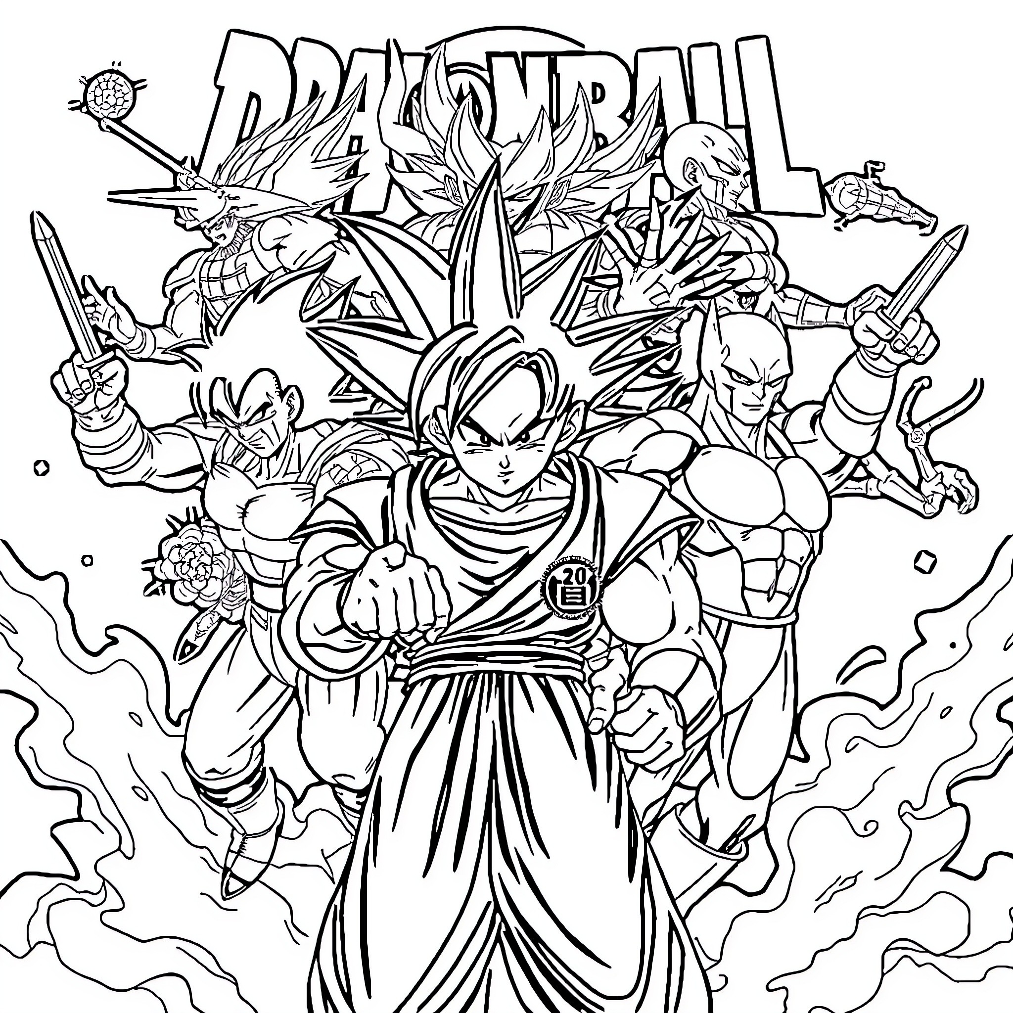 Dragon Ball: Epic Battle Featuring Iconic Characters Coloring Page (free black-and-white line drawing printable PDF for all, from beginners to advanced learners, including children, teens, adults, and seniors)