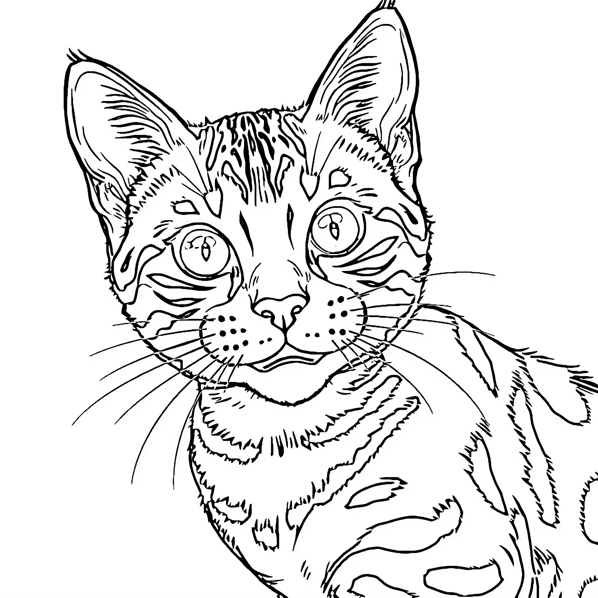 Bengal Cat curious expression Coloring Page (free black-and-white line drawing printable PDF for all, from beginners to advanced learners, including children, teens, adults, and seniors)