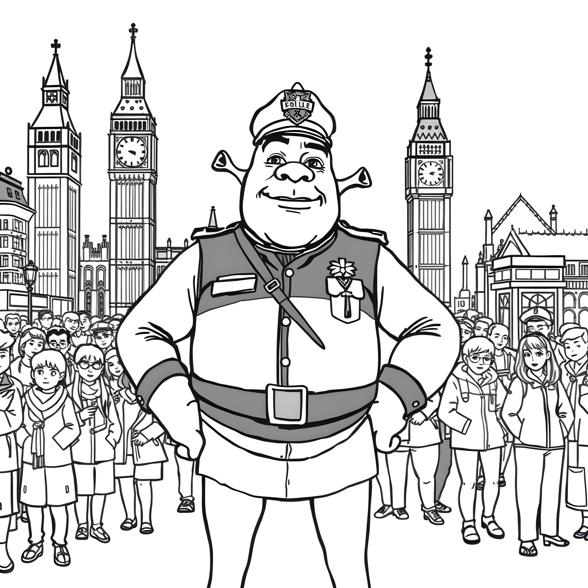 Shrek the Ogre Police Officer in London Crowd Coloring Page (free black-and-white line drawing printable PDF for all, from beginners to advanced learners, including children, teens, adults, and seniors)
