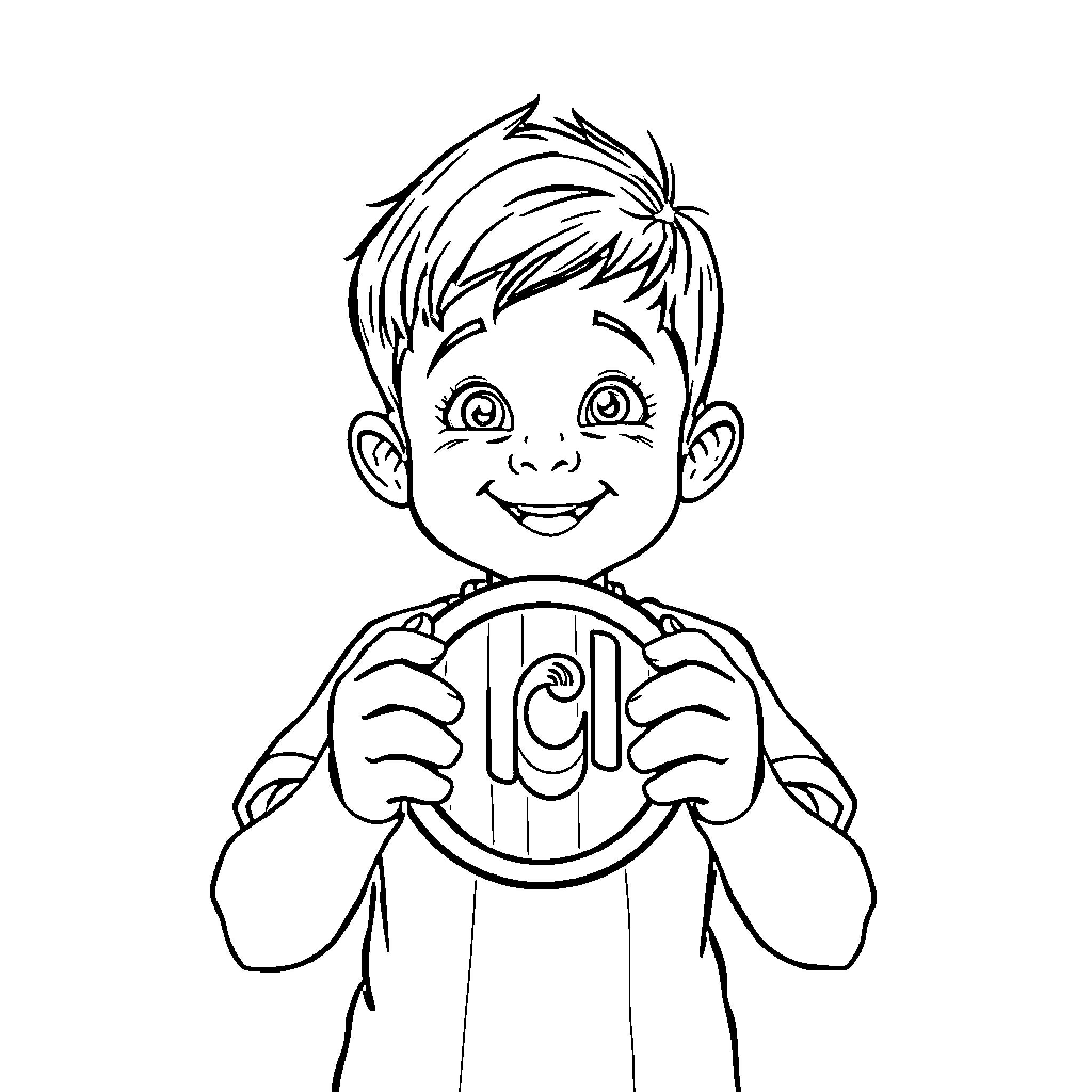 Niño Holding Colorful Toy Coloring Page (free black-and-white line drawing printable PDF for all, from beginners to advanced learners, including children, teens, adults, and seniors)