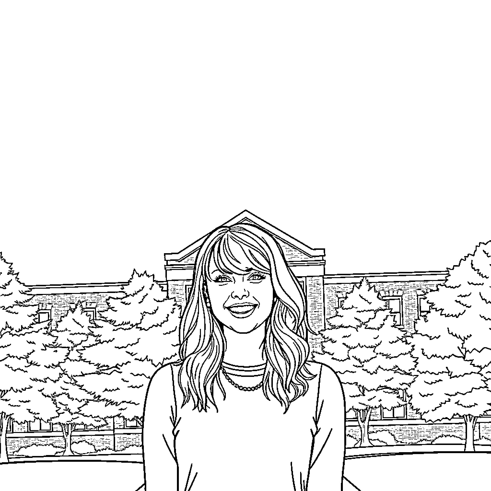 Taylor Swift smiling in a scenic outdoor setting Coloring Page (free black-and-white line drawing printable PDF for all, from beginners to advanced learners, including children, teens, adults, and seniors)