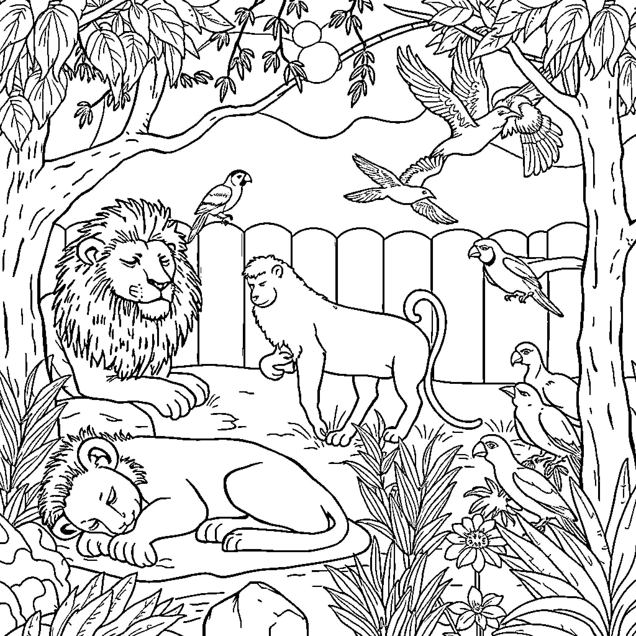 Animal scene with lions, monkeys, and birds in the jungle Coloring Page (free black-and-white line drawing printable PDF for all, from beginners to advanced learners, including children, teens, adults, and seniors)