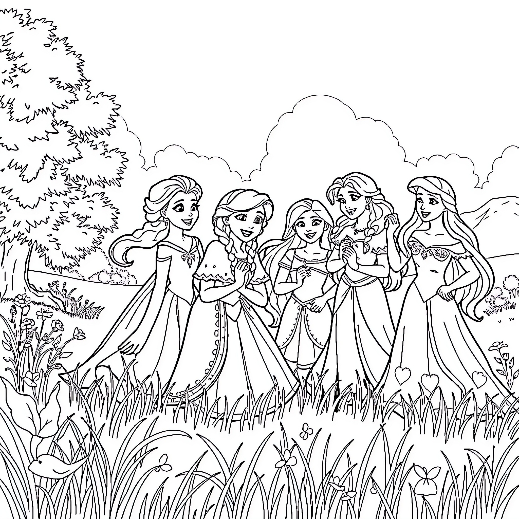 Princess Princesses in Enchanted Meadow Coloring Page (free black-and-white line drawing printable PDF for all, from beginners to advanced learners, including children, teens, adults, and seniors)