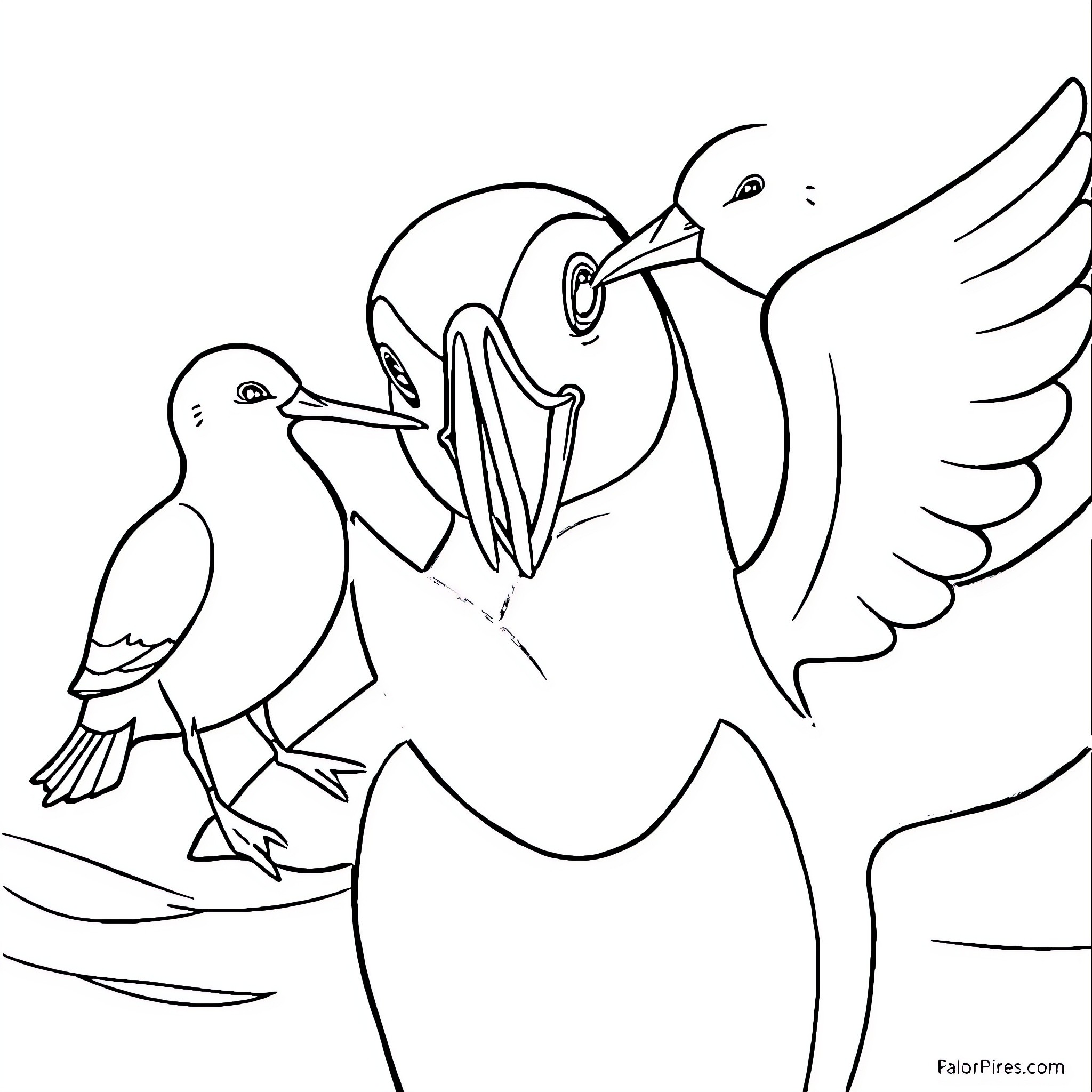 Sailor birds flying and interacting in nature Coloring Page (free black-and-white line drawing printable PDF for all, from beginners to advanced learners, including children, teens, adults, and seniors)