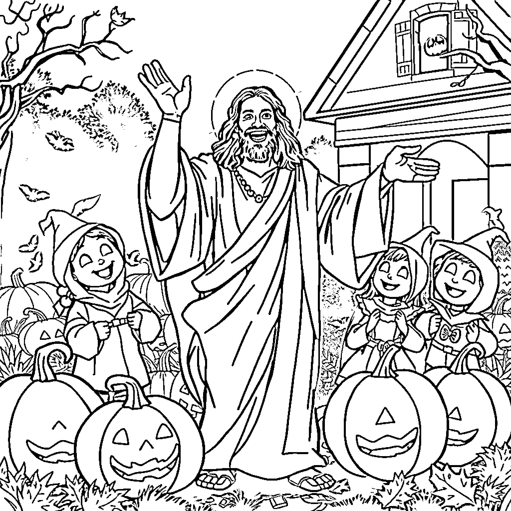Jesus Christ blessing children and pumpkins during Halloween Coloring Page (free black-and-white line drawing printable PDF for all, from beginners to advanced learners, including children, teens, adults, and seniors)