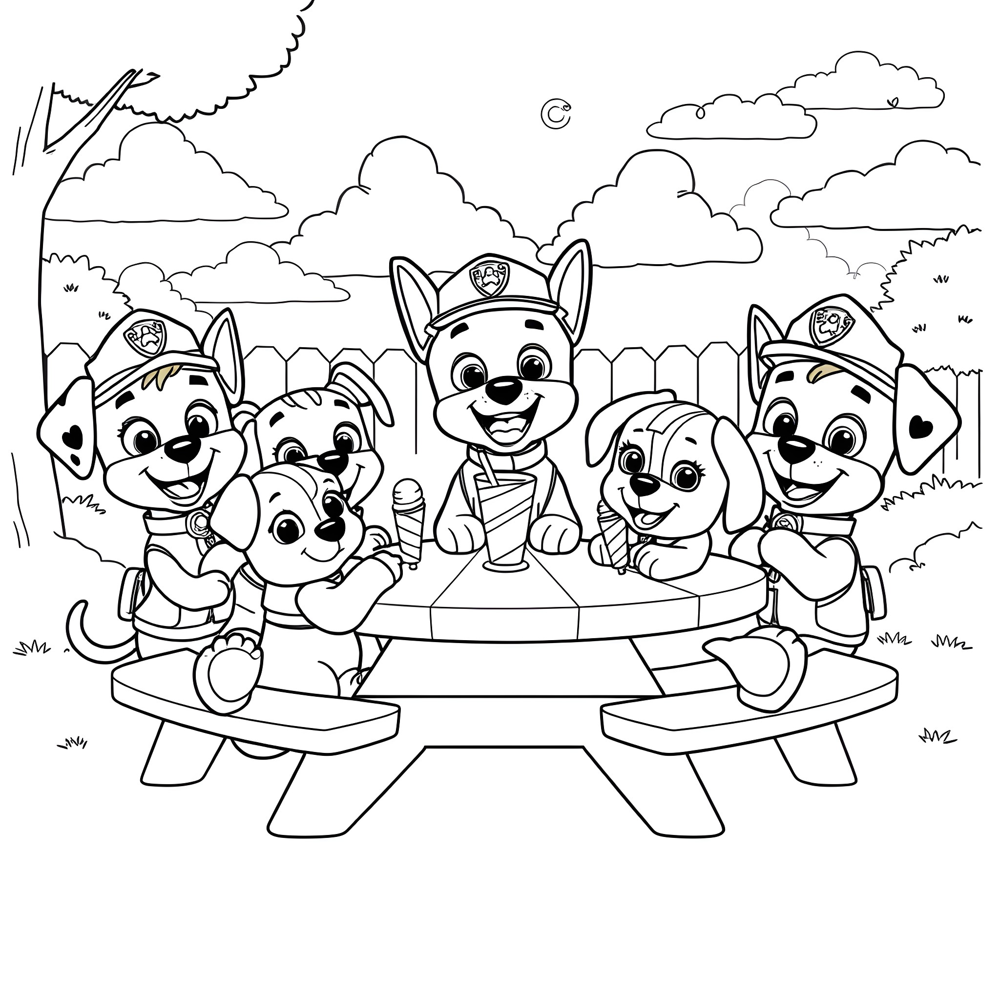 Paw Patrol characters having a fun outdoor gathering Coloring Page (free black-and-white line drawing printable PDF for all, from beginners to advanced learners, including children, teens, adults, and seniors)