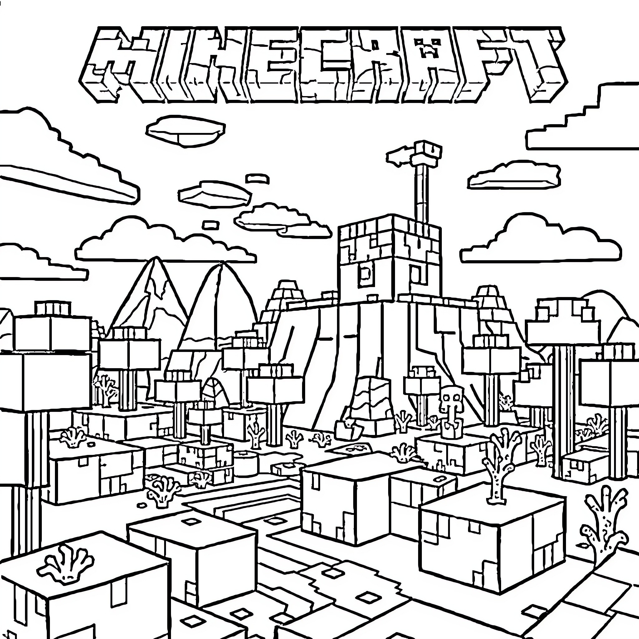 Minecraft Cityscape with Blocky Landscape Coloring Page (free black-and-white line drawing printable PDF for all, from beginners to advanced learners, including children, teens, adults, and seniors)