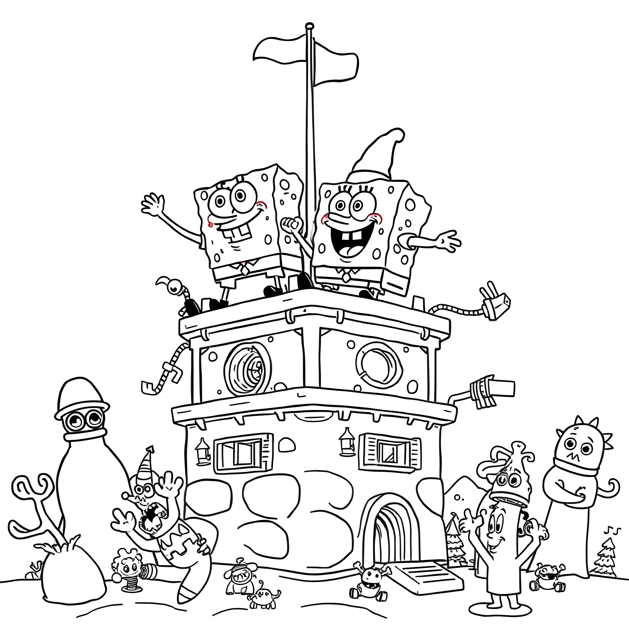 Spongebob and friends in a whimsical underwater scene Coloring Page (free black-and-white line drawing printable PDF for all, from beginners to advanced learners, including children, teens, adults, and seniors)