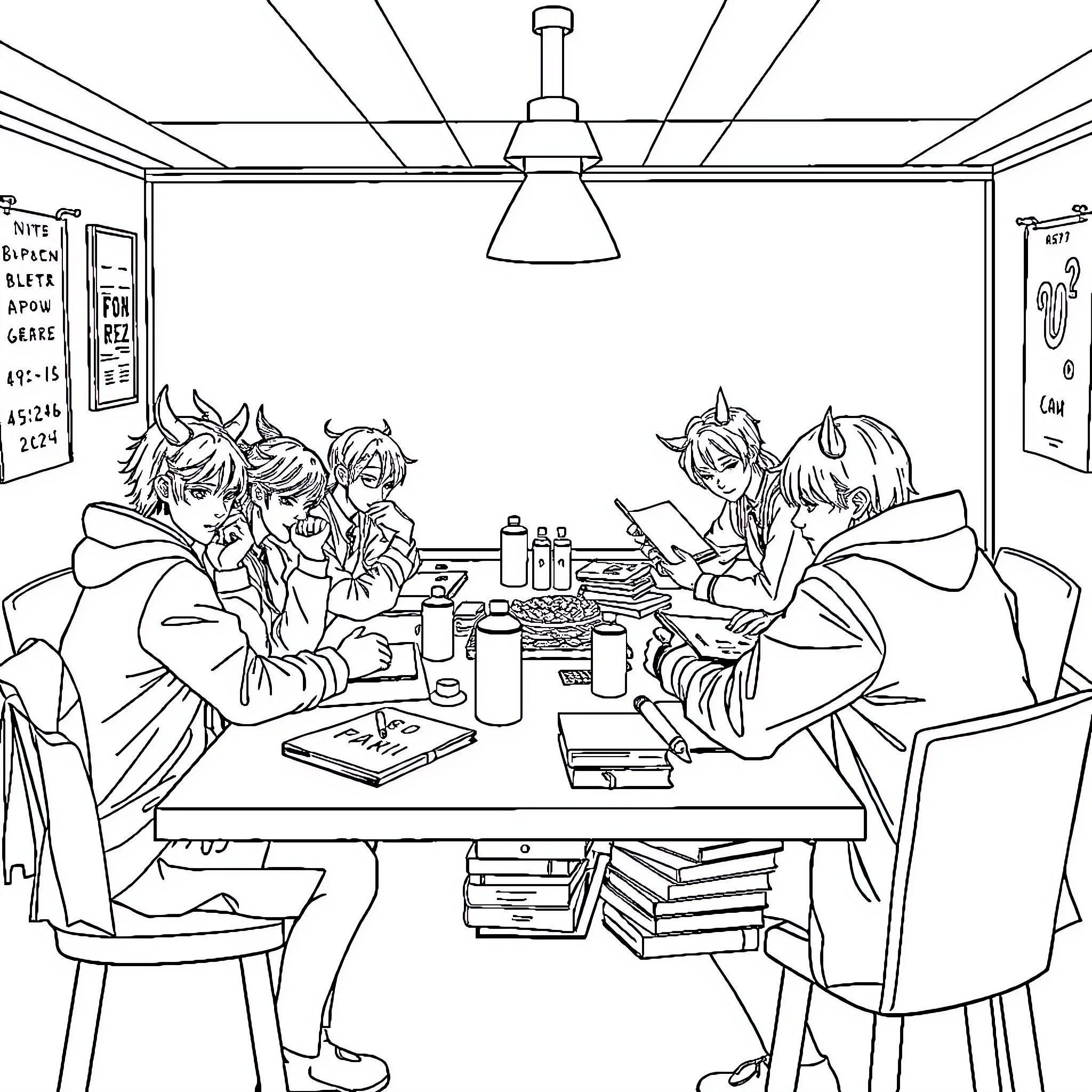 Demon Hunters gather for a strategy meeting Coloring Page (free black-and-white line drawing printable PDF for all, from beginners to advanced learners, including children, teens, adults, and seniors)