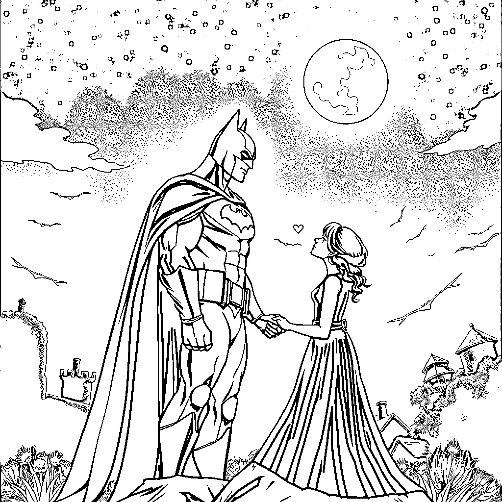 Batman and Companion in Moonlit Landscape Coloring Page (free black-and-white line drawing printable PDF for all, from beginners to advanced learners, including children, teens, adults, and seniors)