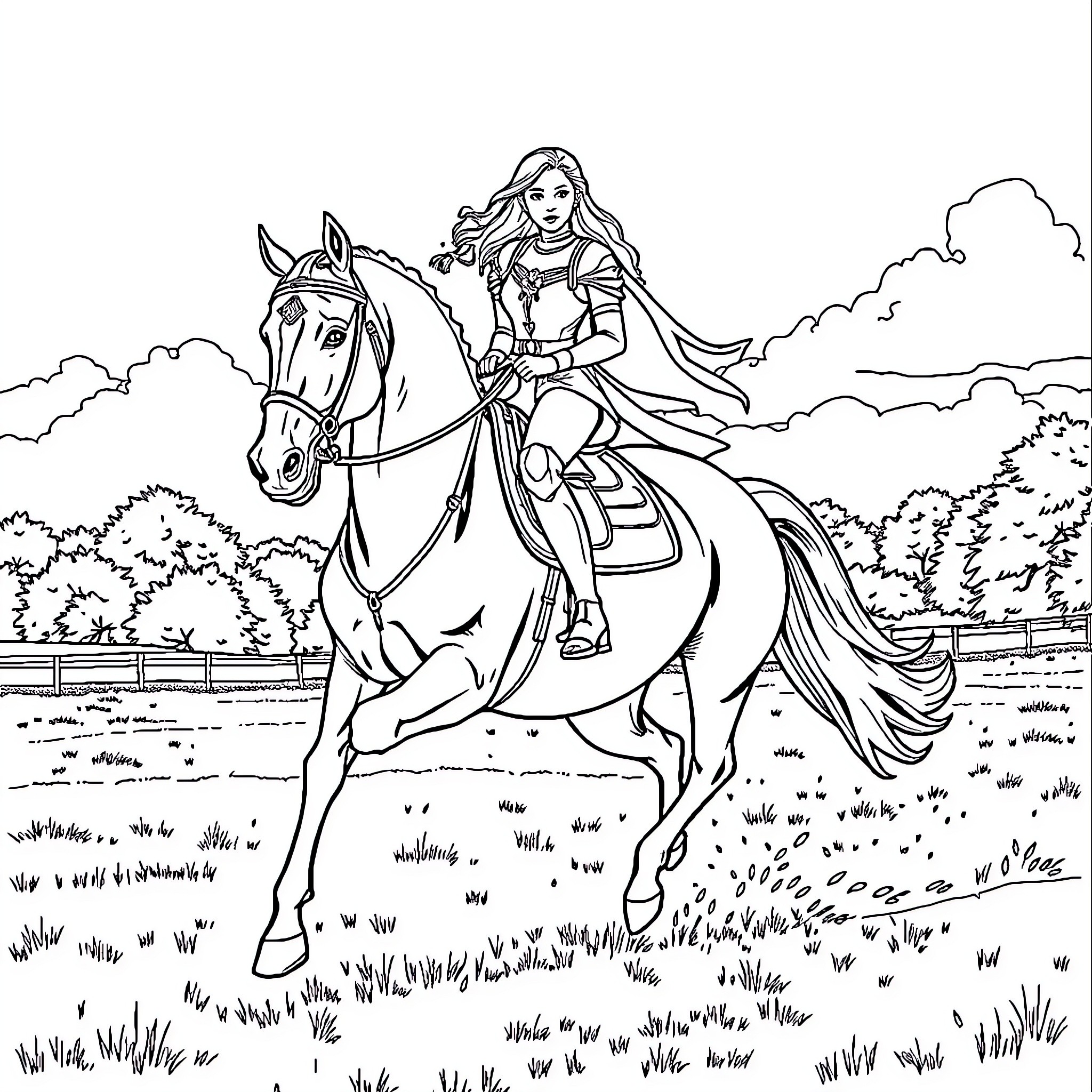 Knight riding a majestic horse through the countryside Coloring Page (free black-and-white line drawing printable PDF for all, from beginners to advanced learners, including children, teens, adults, and seniors)