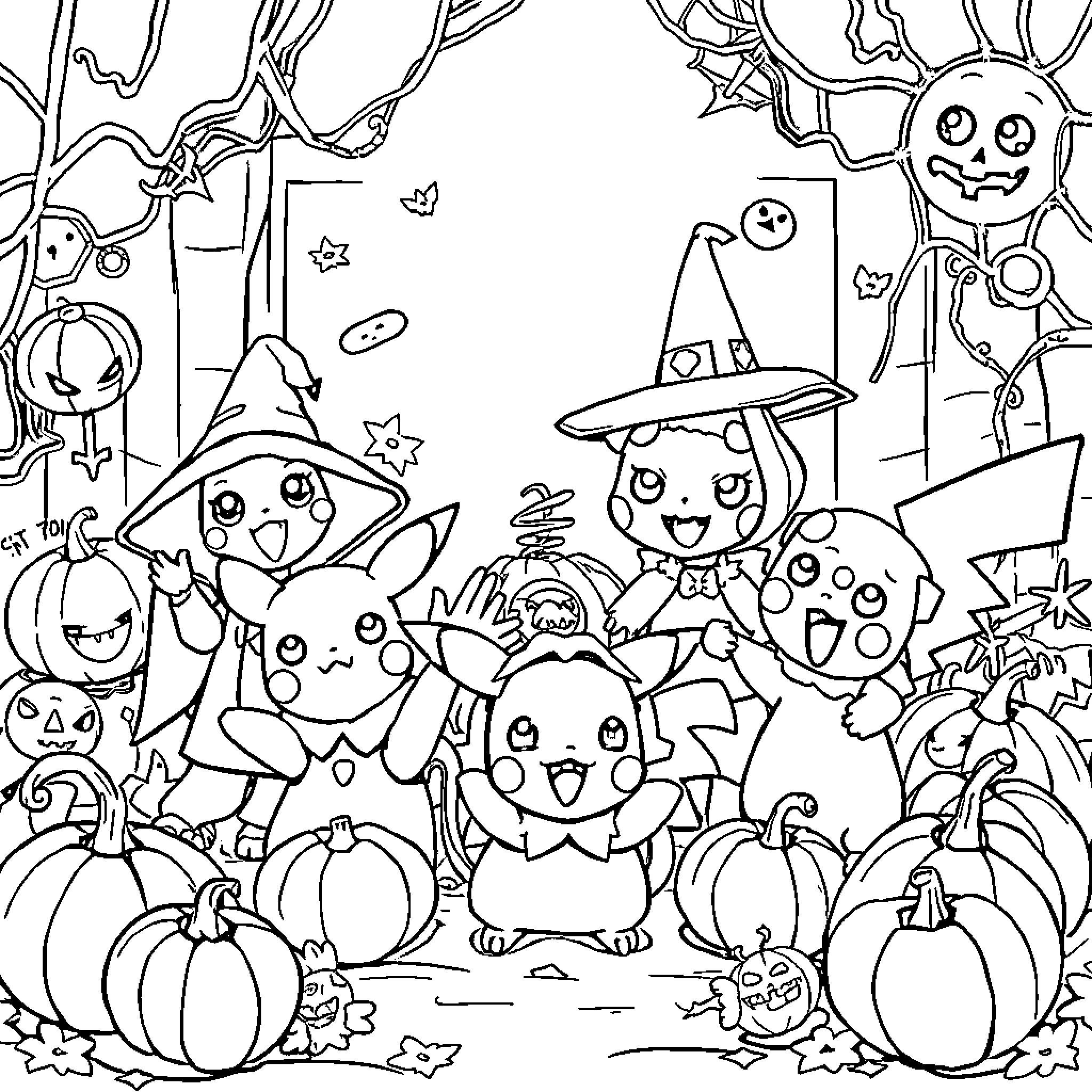 Pokémon characters in a Halloween-themed scene Coloring Page (free black-and-white line drawing printable PDF for all, from beginners to advanced learners, including children, teens, adults, and seniors)