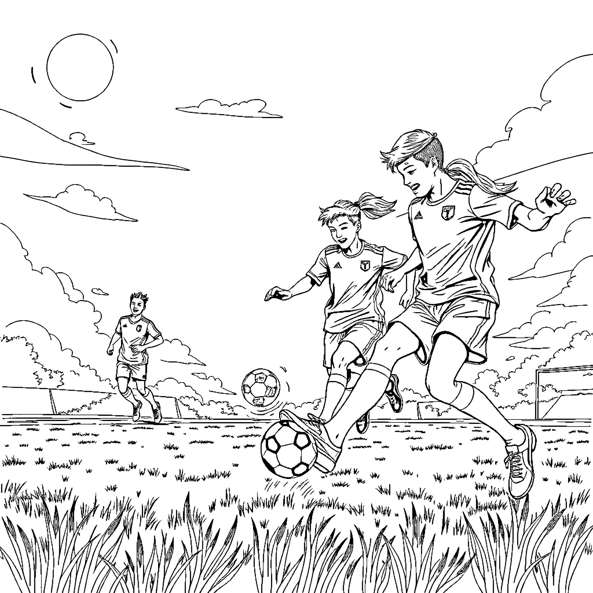 Betasquad Playing Soccer in the Park Coloring Page (free black-and-white line drawing printable PDF for all, from beginners to advanced learners, including children, teens, adults, and seniors)