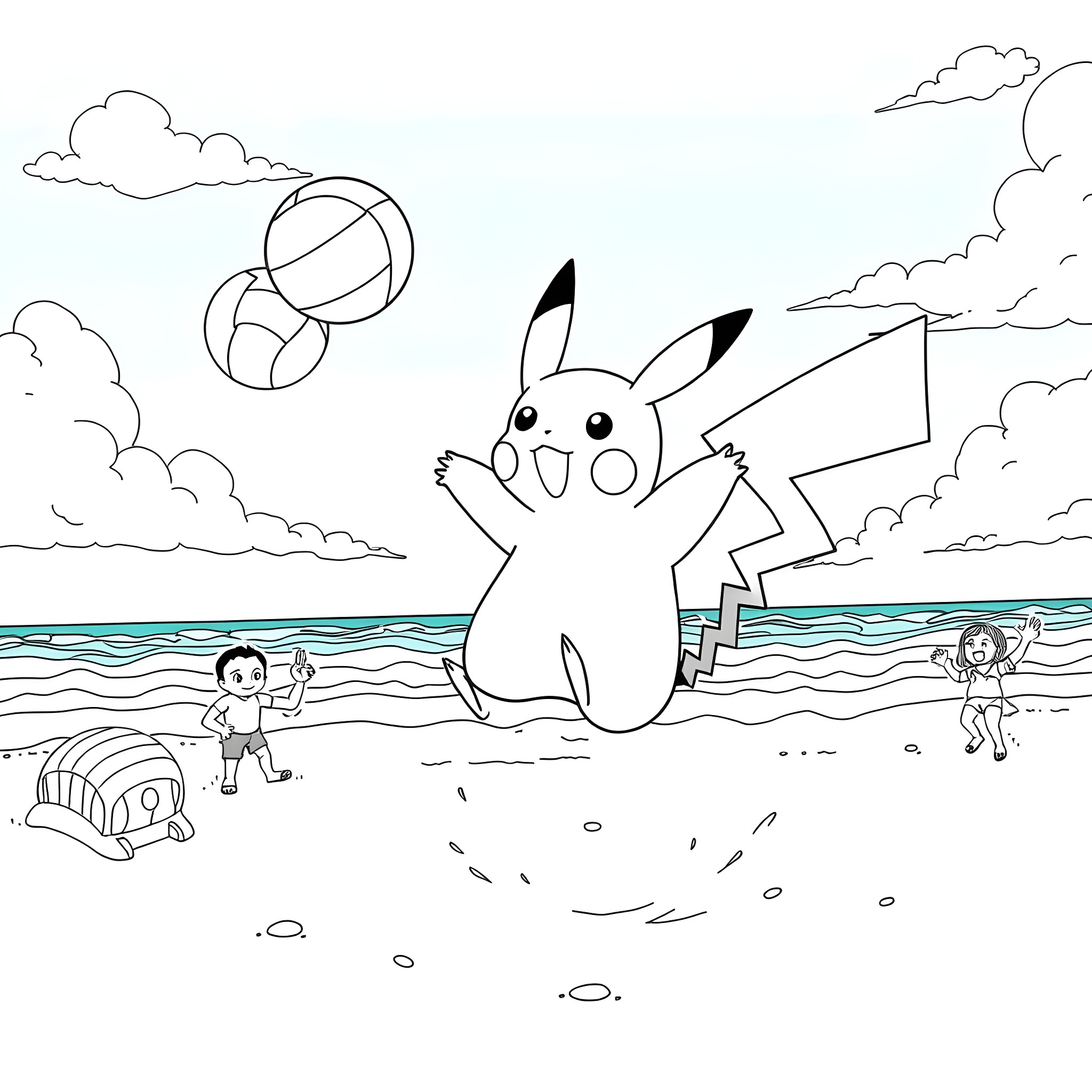 Pikachu playing with children on the beach Coloring Page (free black-and-white line drawing printable PDF for all, from beginners to advanced learners, including children, teens, adults, and seniors)