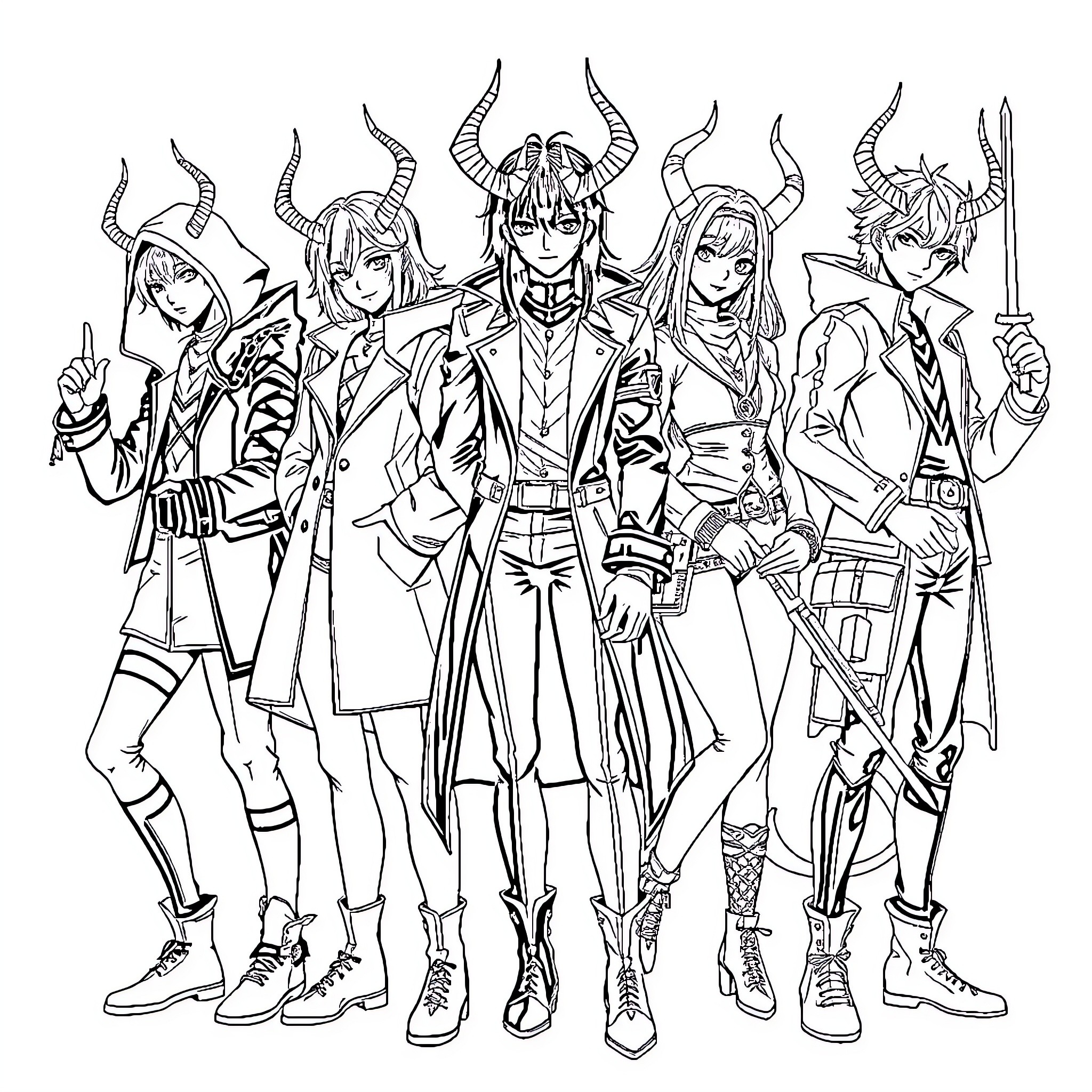 Demon Hunters Assembled in Battle Formation Coloring Page (free black-and-white line drawing printable PDF for all, from beginners to advanced learners, including children, teens, adults, and seniors)