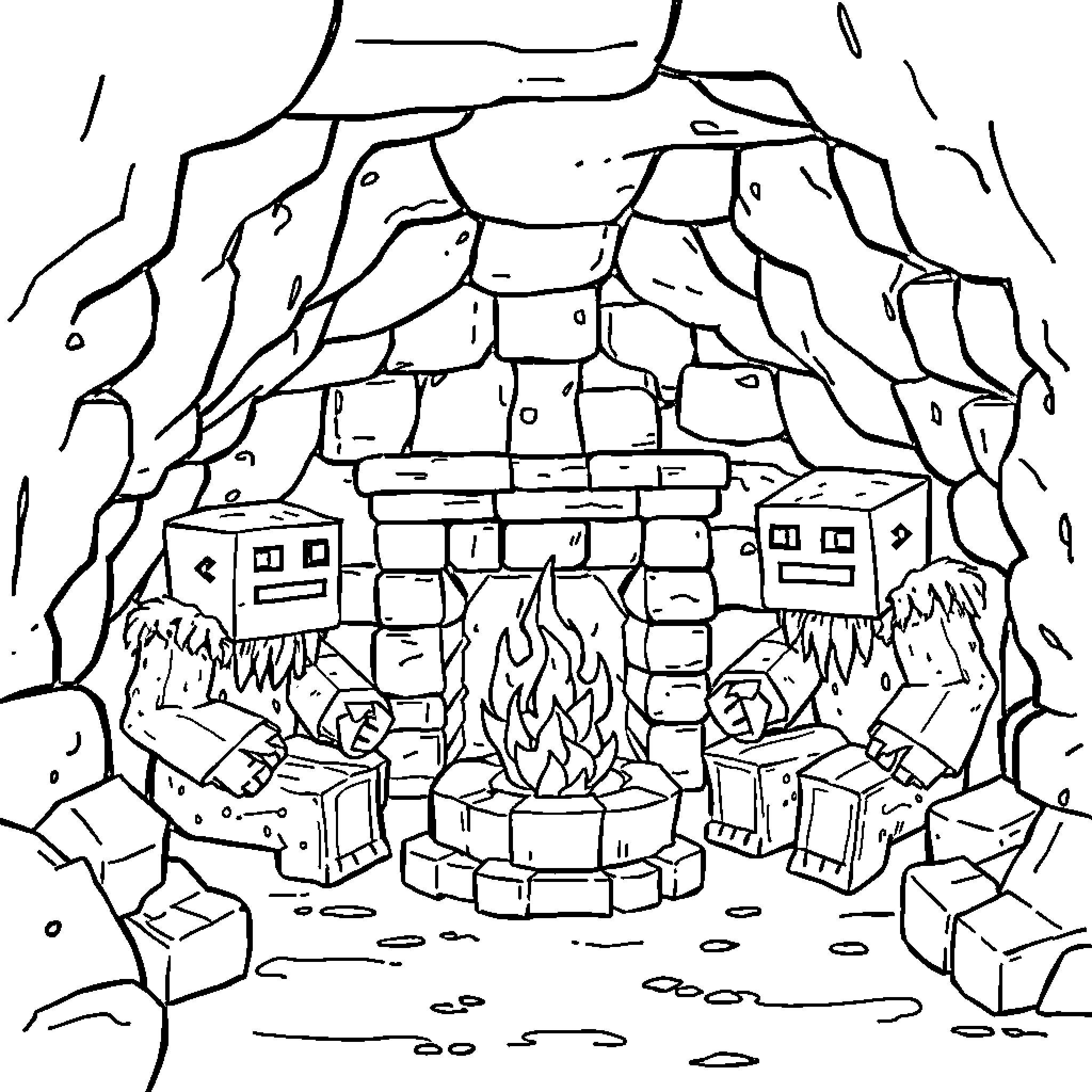Golem guarding a campfire in a rocky cavern Coloring Page (free black-and-white line drawing printable PDF for all, from beginners to advanced learners, including children, teens, adults, and seniors)