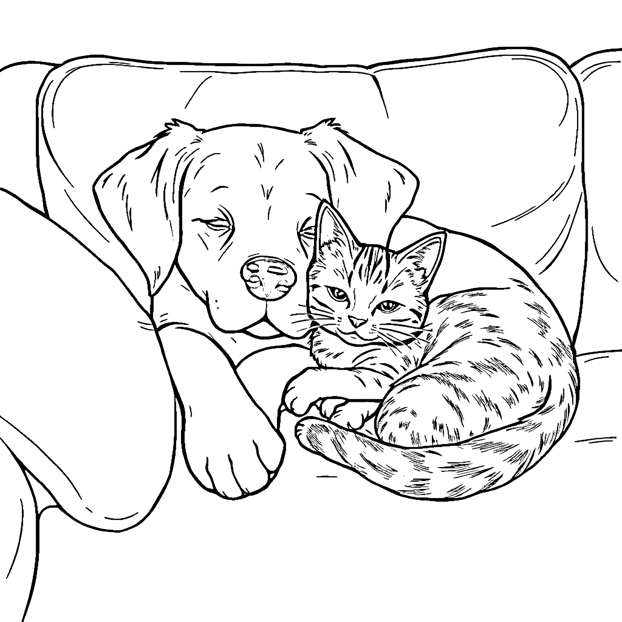 Dog and cat cuddling together Coloring Page (free black-and-white line drawing printable PDF for all, from beginners to advanced learners, including children, teens, adults, and seniors)