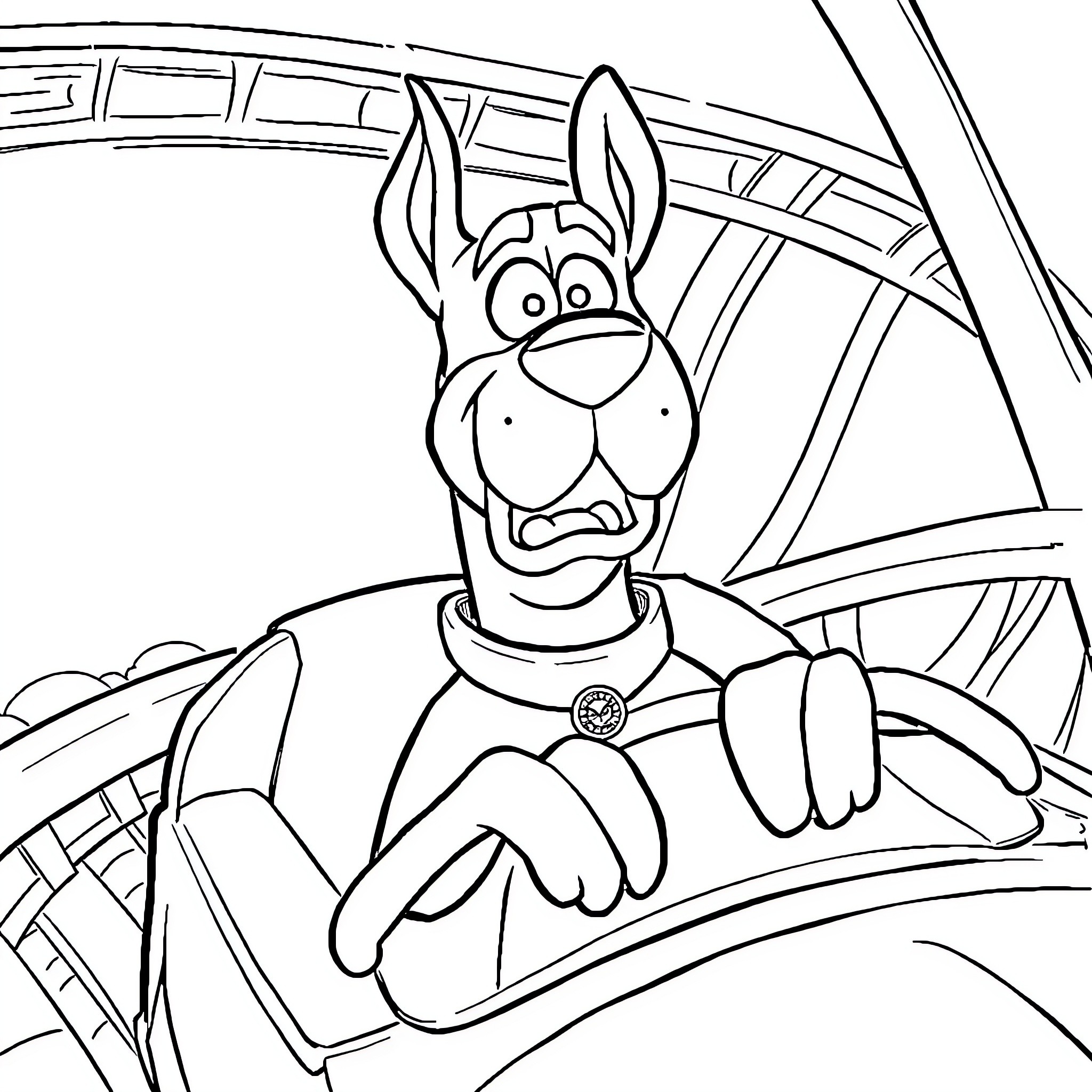 Scooby Doo's Zany Roadtrip Adventure Coloring Page (free black-and-white line drawing printable PDF for all, from beginners to advanced learners, including children, teens, adults, and seniors)