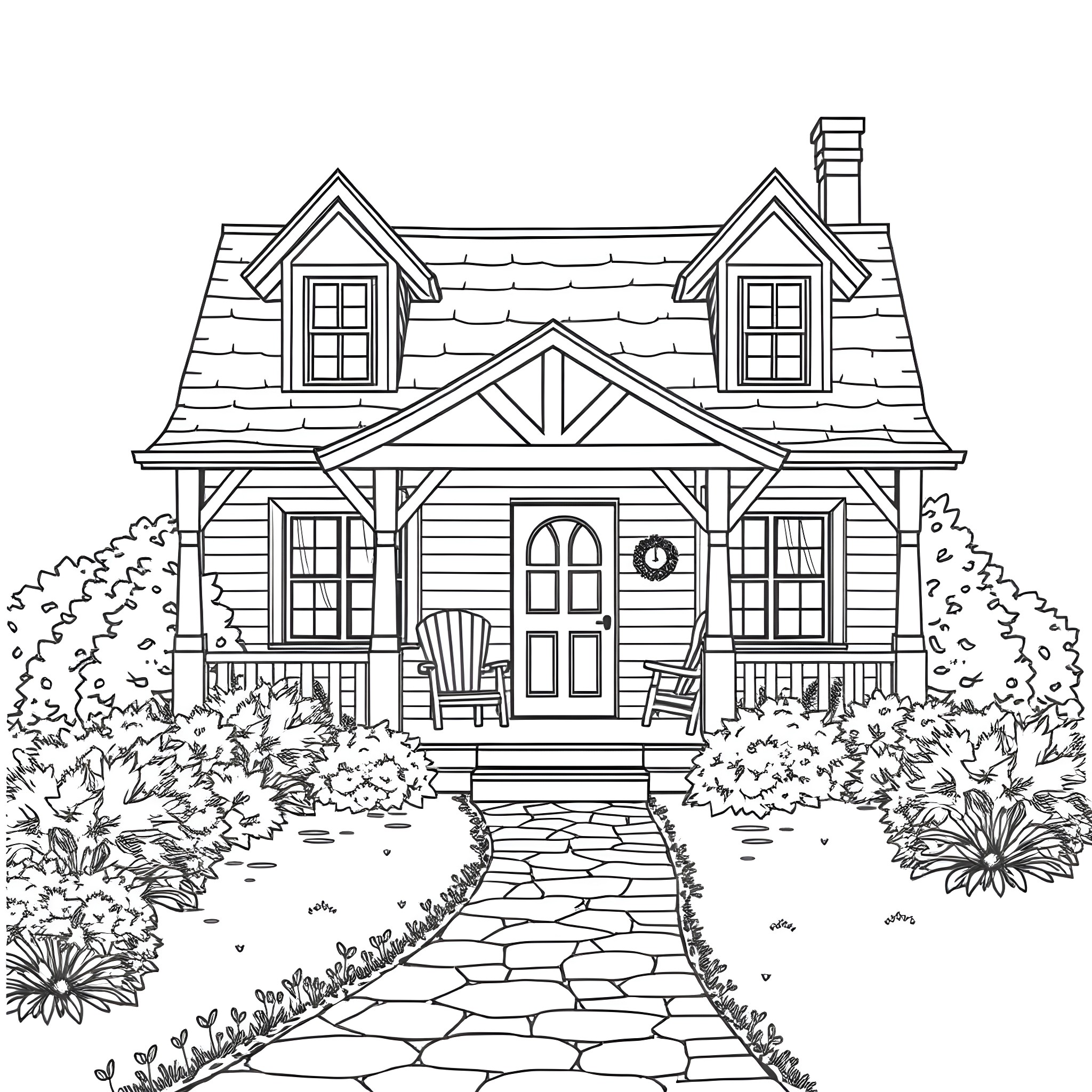 Cottage with inviting porch and landscaped yard Coloring Page (free black-and-white line drawing printable PDF for all, from beginners to advanced learners, including children, teens, adults, and seniors)