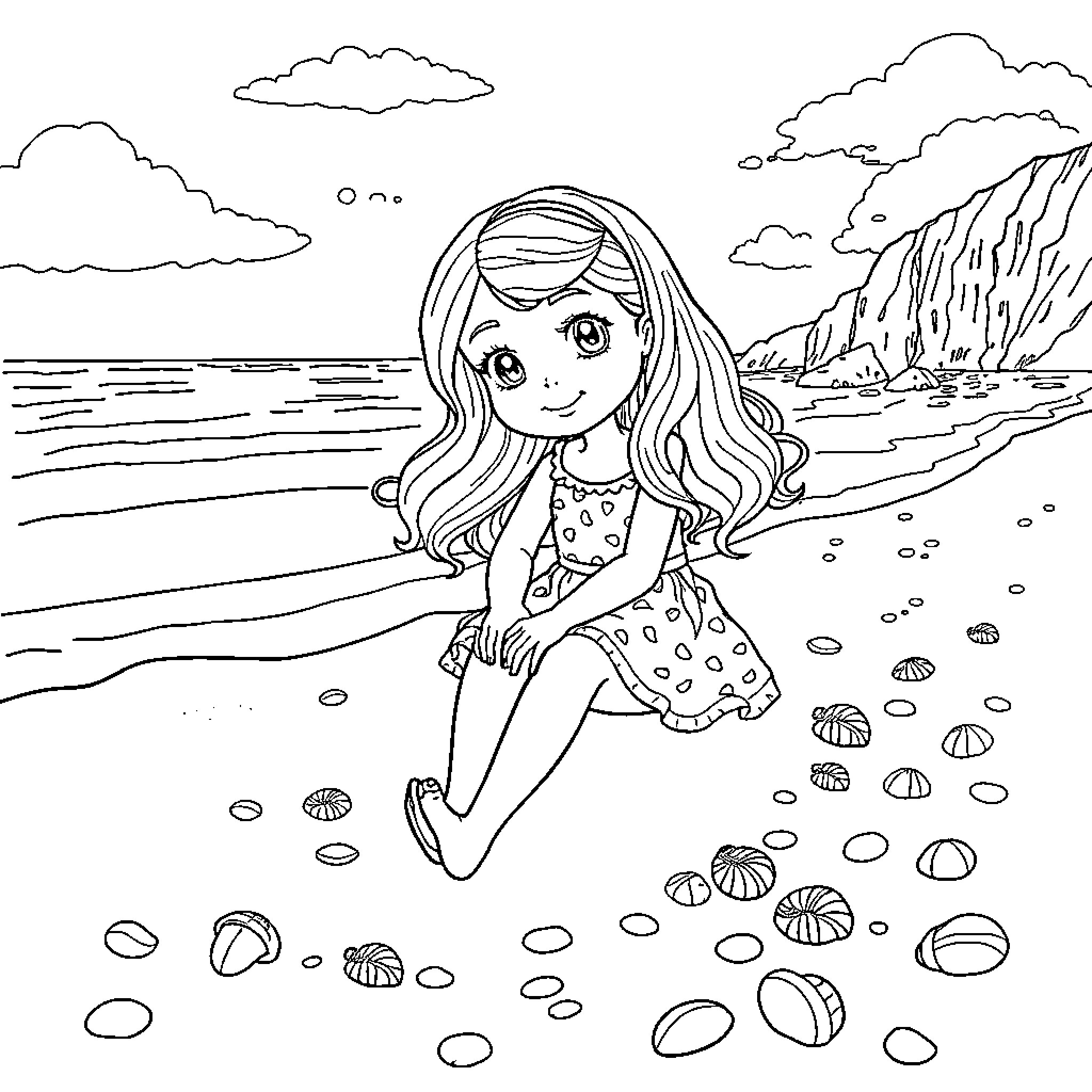 Gabby enjoying a peaceful day at the beach Coloring Page (free black-and-white line drawing printable PDF for all, from beginners to advanced learners, including children, teens, adults, and seniors)