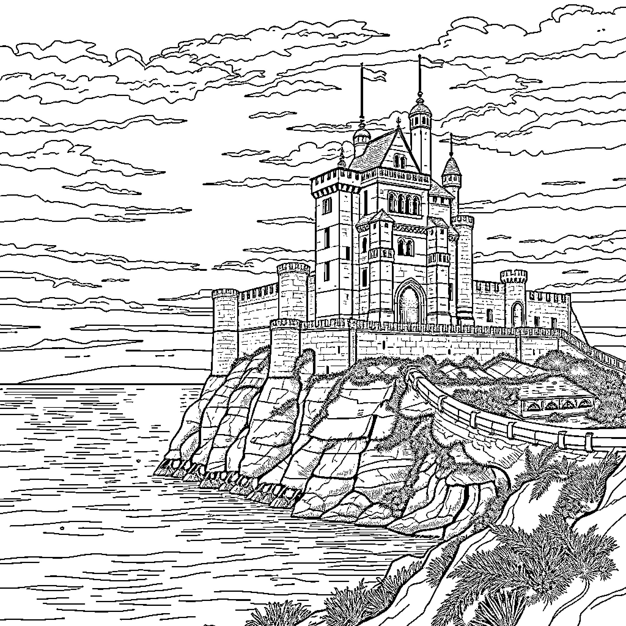 Castle on a Rugged Cliff Overlooking the Sea Coloring Page (free black-and-white line drawing printable PDF for all, from beginners to advanced learners, including children, teens, adults, and seniors)