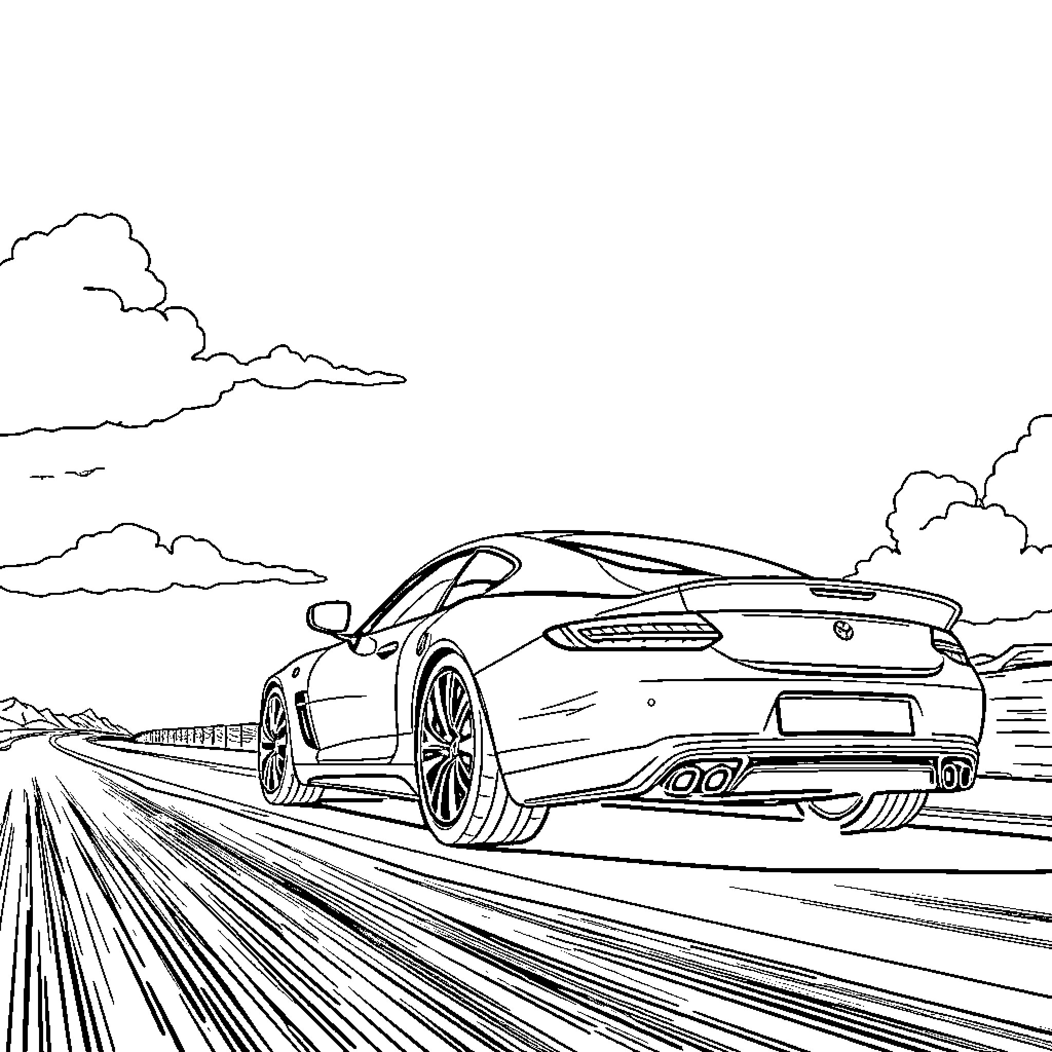 Car speeding down the highway with clouds in the background Coloring Page (free black-and-white line drawing printable PDF for all, from beginners to advanced learners, including children, teens, adults, and seniors)