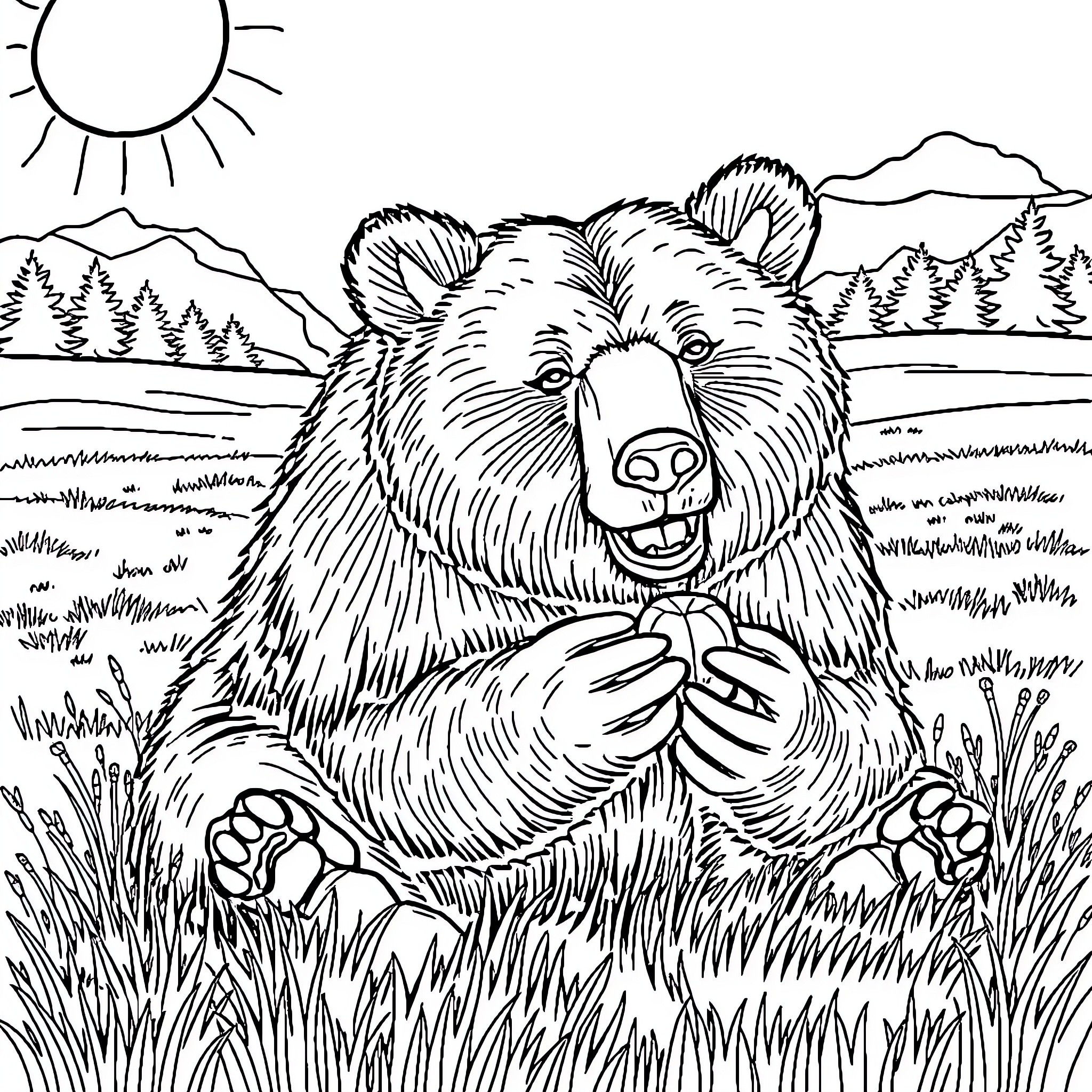 Grizzly Bear relaxing in the wilderness Coloring Page (free black-and-white line drawing printable PDF for all, from beginners to advanced learners, including children, teens, adults, and seniors)
