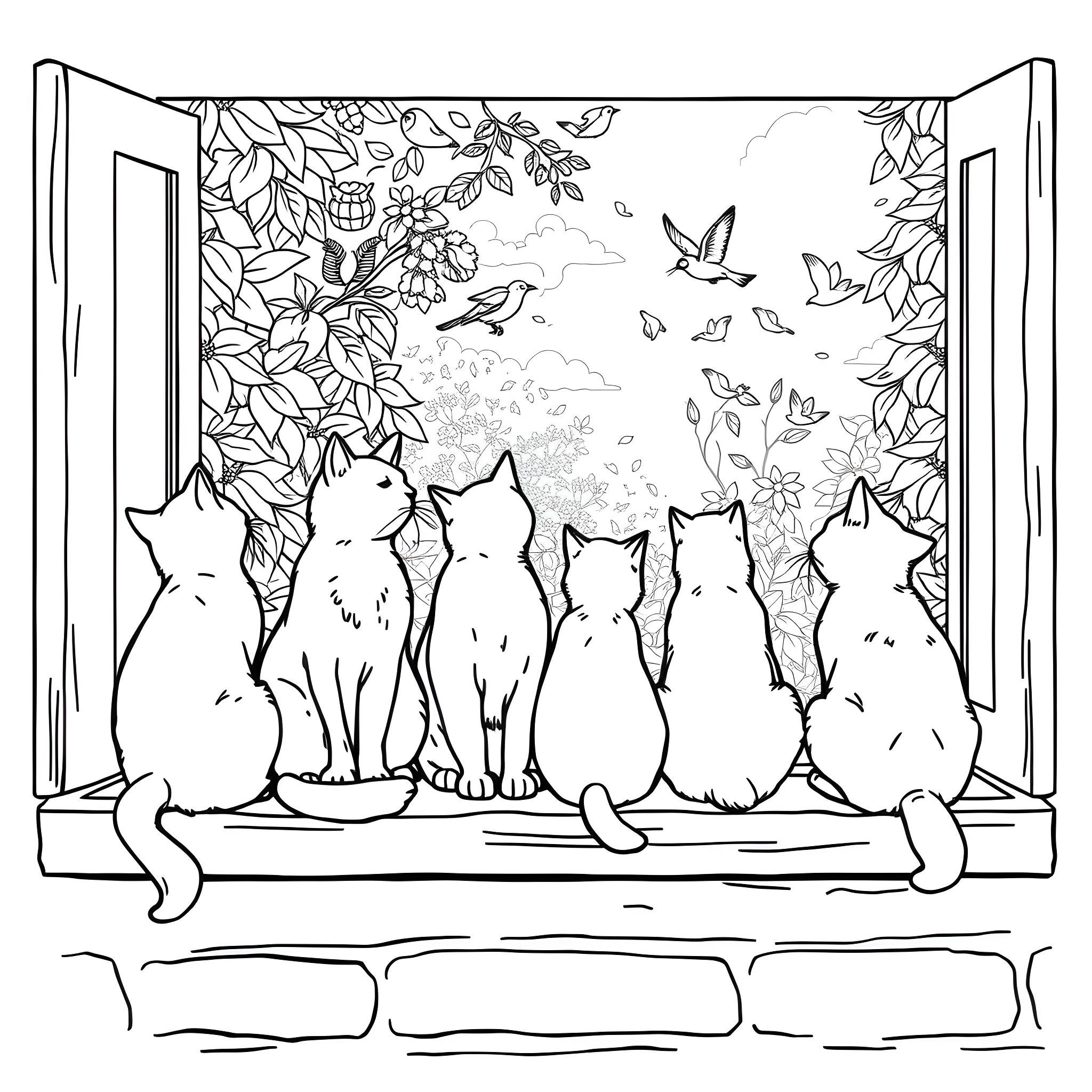 Cats Gazing at Nature Through the Window Coloring Page (free black-and-white line drawing printable PDF for all, from beginners to advanced learners, including children, teens, adults, and seniors)