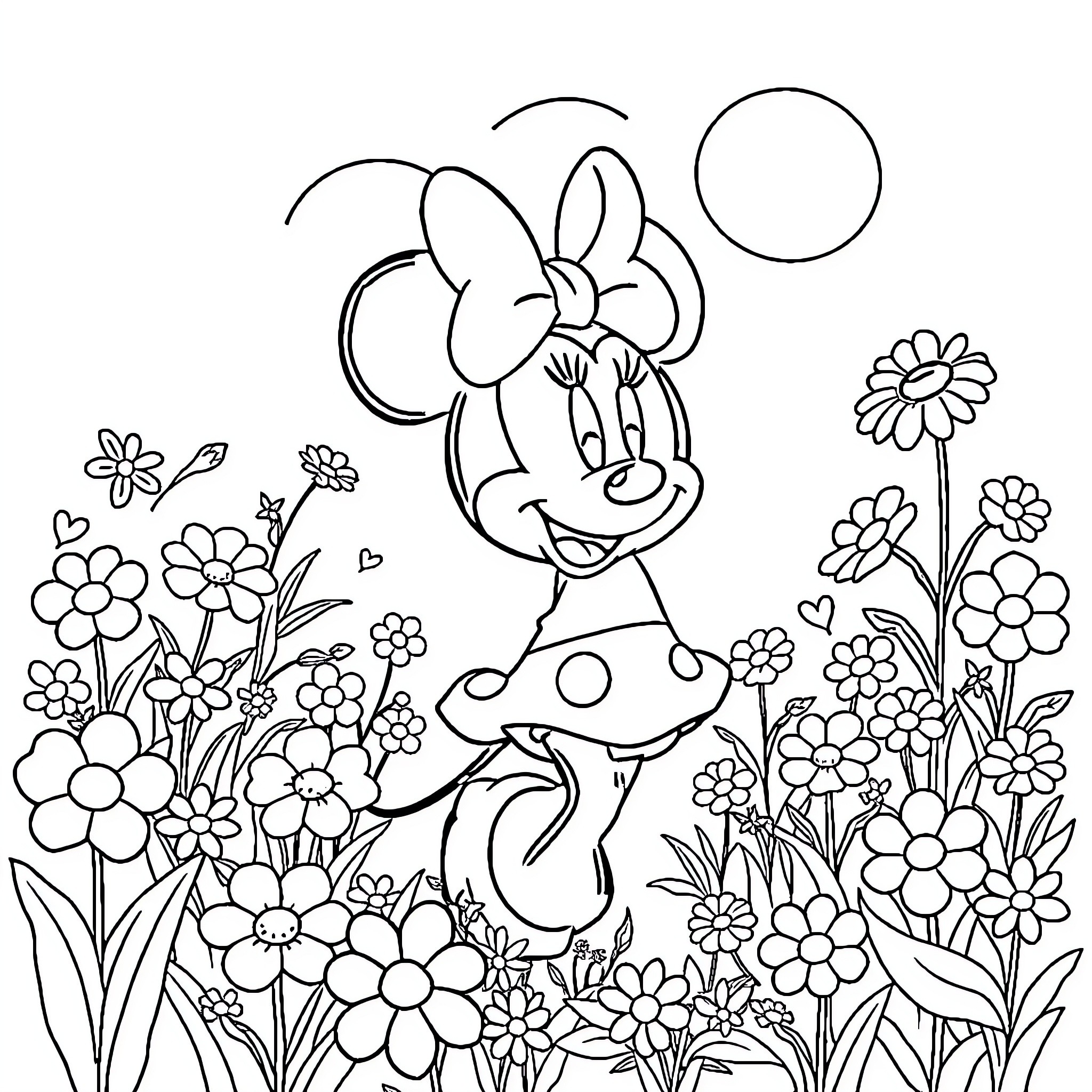 Minnie Mouse Surrounded by Flowers and Nature Coloring Page (free black-and-white line drawing printable PDF for all, from beginners to advanced learners, including children, teens, adults, and seniors)