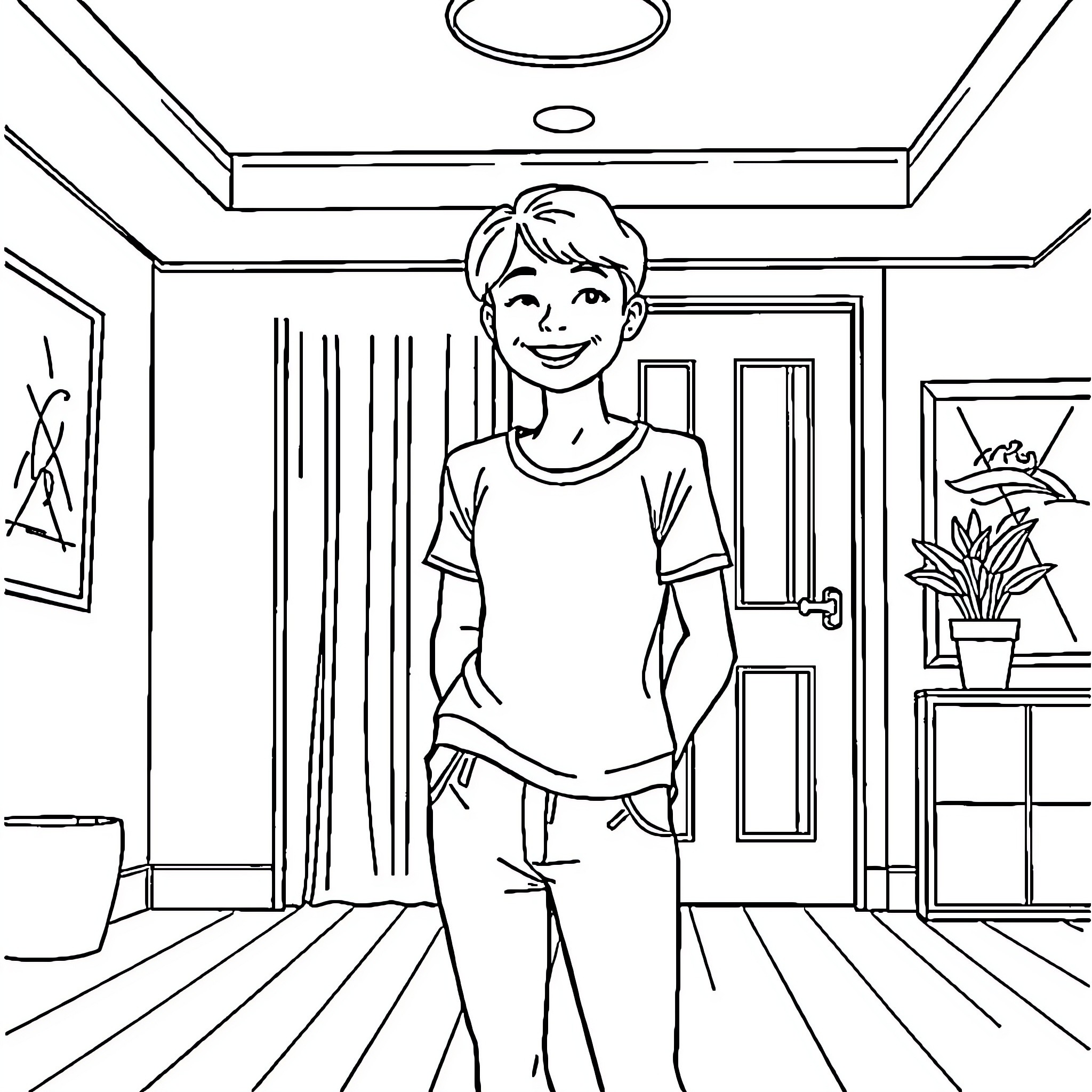 Me in a cozy indoor setting Coloring Page (free black-and-white line drawing printable PDF for all, from beginners to advanced learners, including children, teens, adults, and seniors)