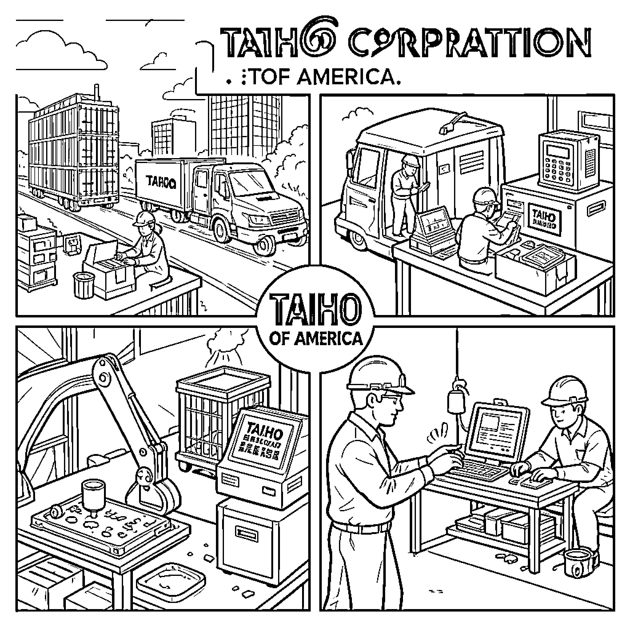 Taiho Corporation workers managing logistics and industrial operations Coloring Page (free black-and-white line drawing printable PDF for all, from beginners to advanced learners, including children, teens, adults, and seniors)