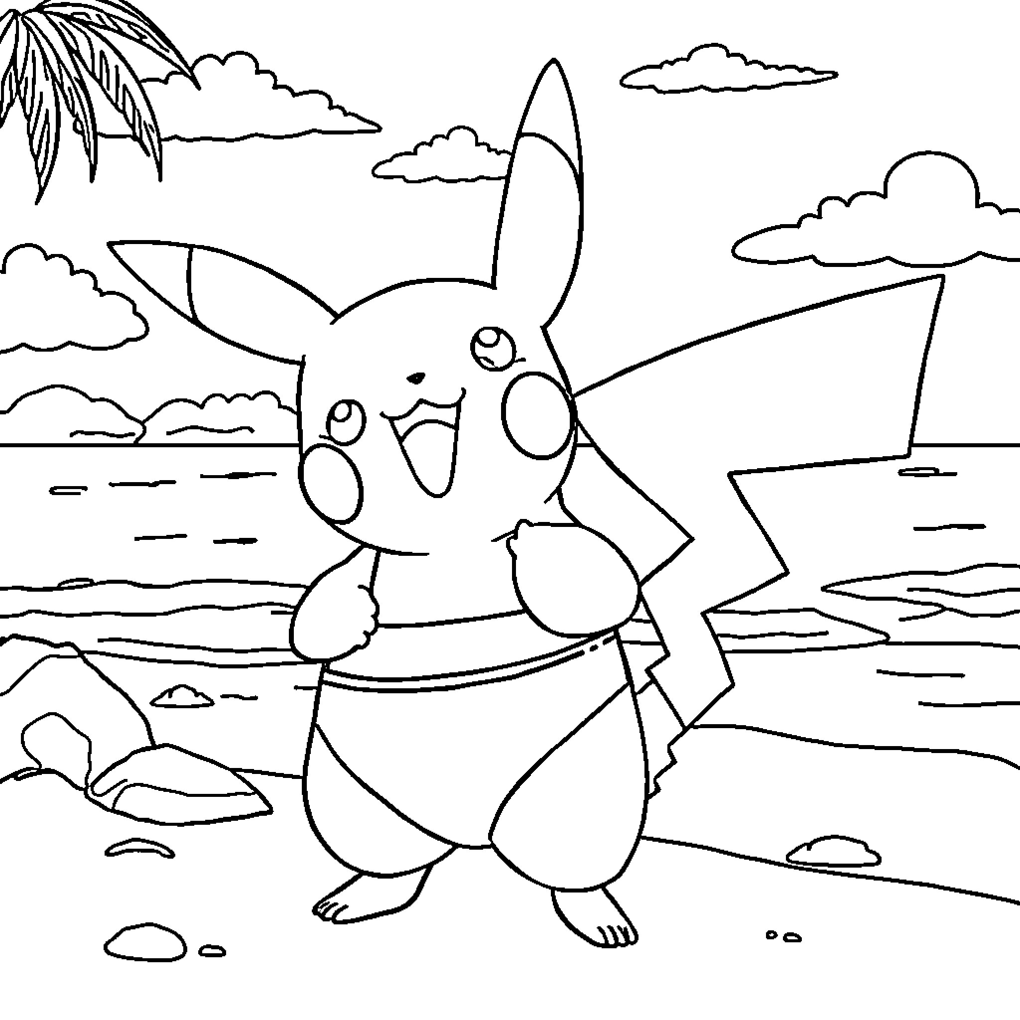 Pikachu enjoying the beach scenery Coloring Page (free black-and-white line drawing printable PDF for all, from beginners to advanced learners, including children, teens, adults, and seniors)