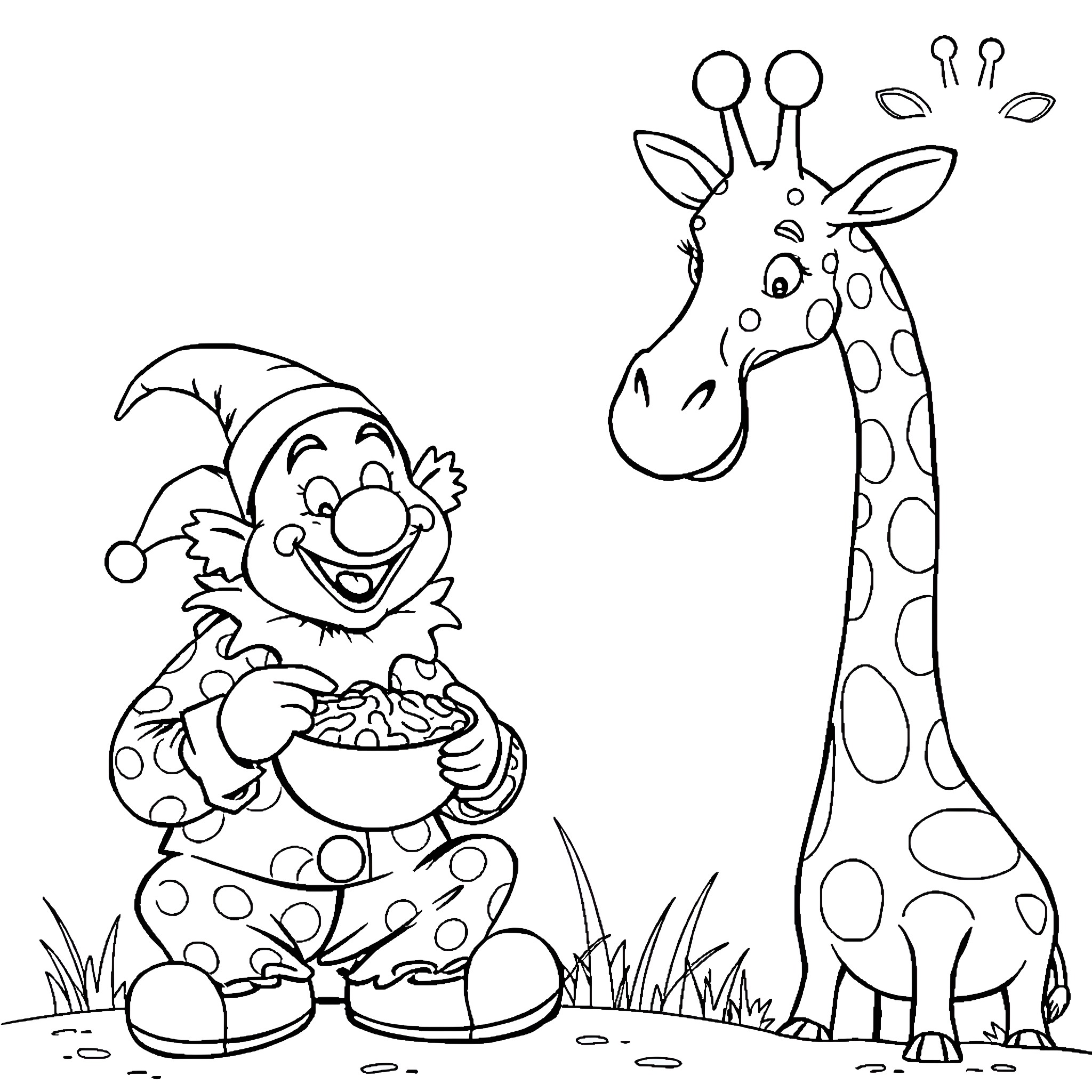 Clown and Giraffe Enjoying Snacks in Nature Coloring Page (free black-and-white line drawing printable PDF for all, from beginners to advanced learners, including children, teens, adults, and seniors)