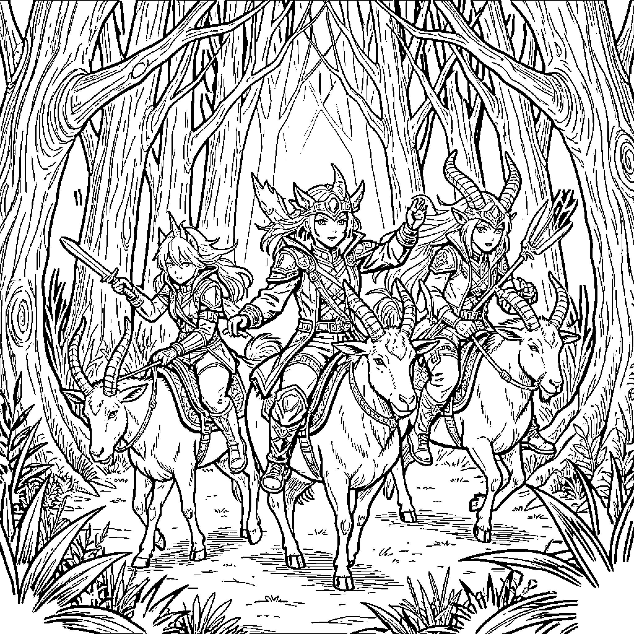 Kpop Demon Hunter warriors riding goats through a forest Coloring Page (free black-and-white line drawing printable PDF for all, from beginners to advanced learners, including children, teens, adults, and seniors)
