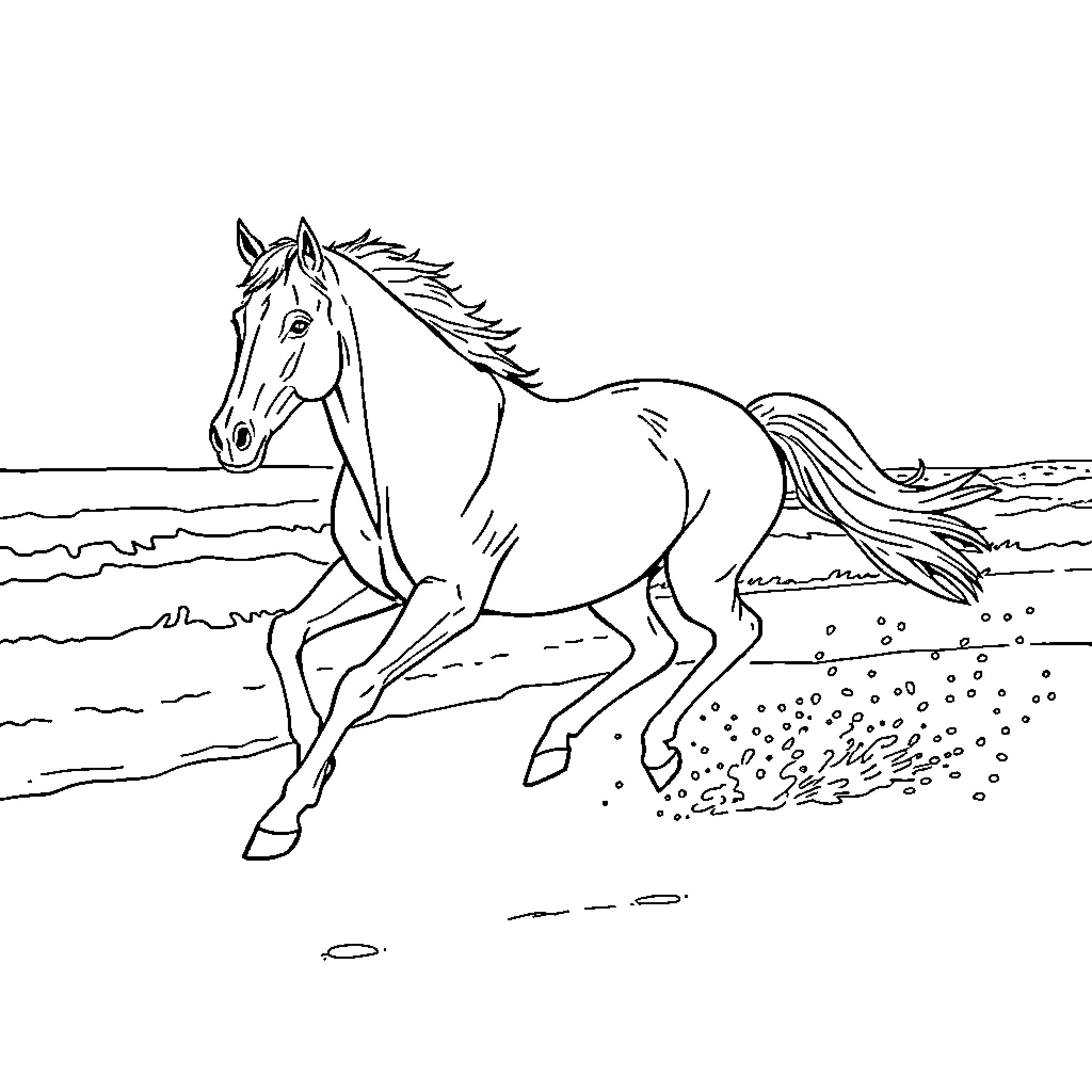 Horse galloping freely on the beach Coloring Page (free black-and-white line drawing printable PDF for all, from beginners to advanced learners, including children, teens, adults, and seniors)
