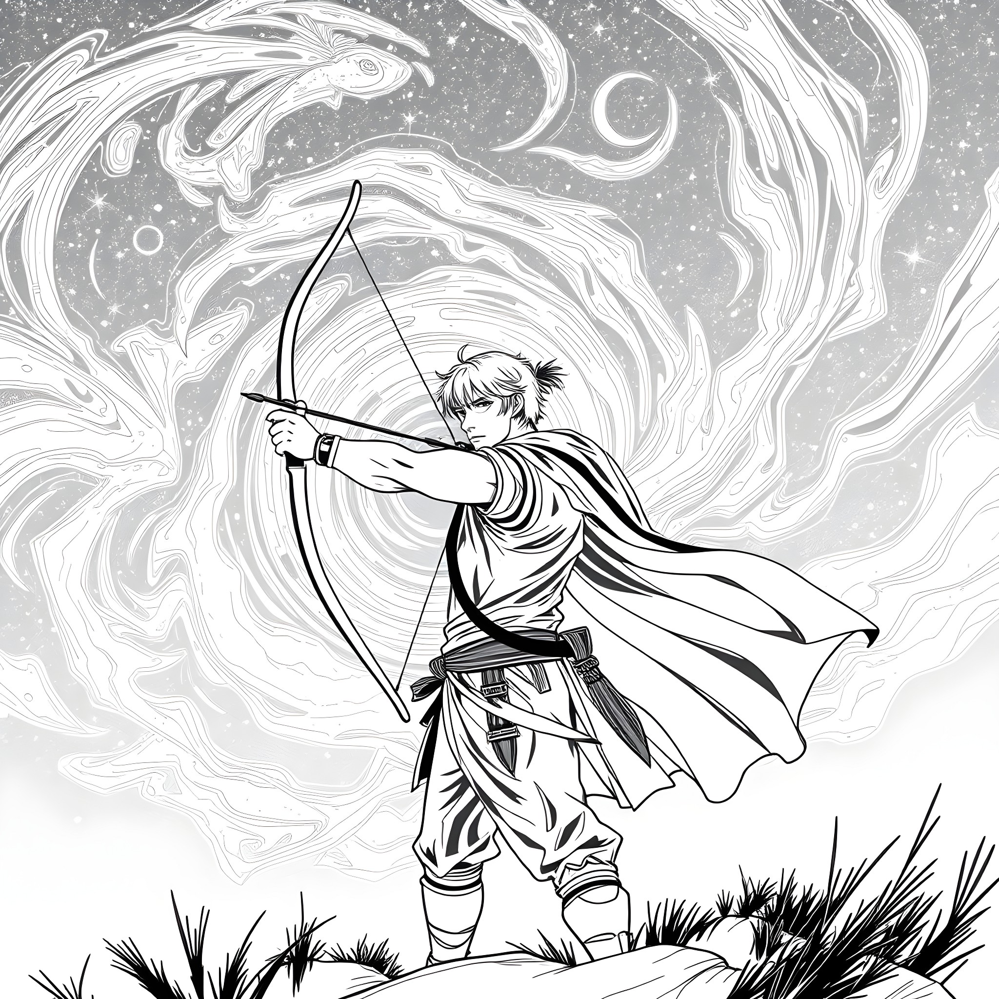 Archer wielding bow amid mystical landscape Coloring Page (free black-and-white line drawing printable PDF for all, from beginners to advanced learners, including children, teens, adults, and seniors)