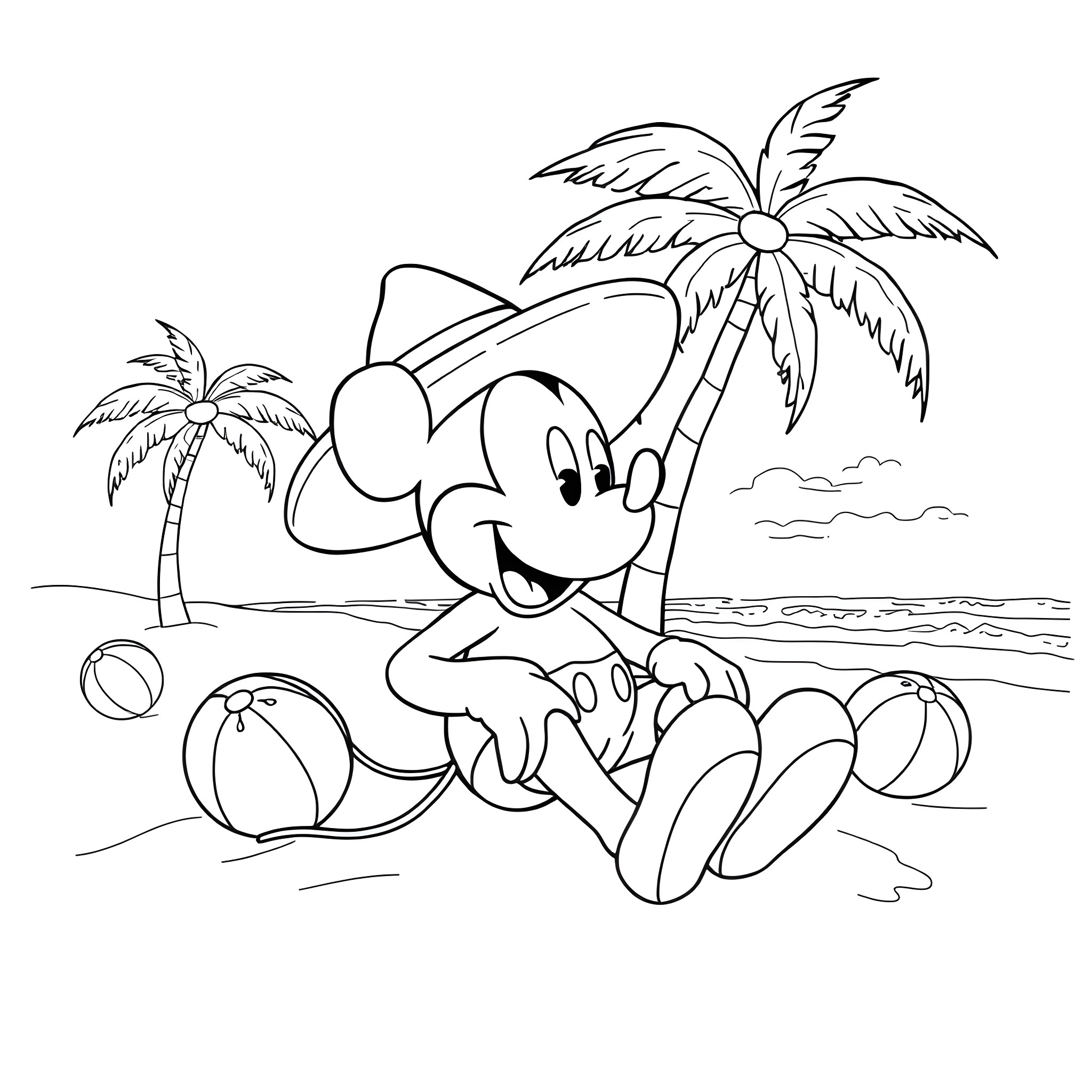 Mickey Mouse enjoying a beach day Coloring Page (free black-and-white line drawing printable PDF for all, from beginners to advanced learners, including children, teens, adults, and seniors)