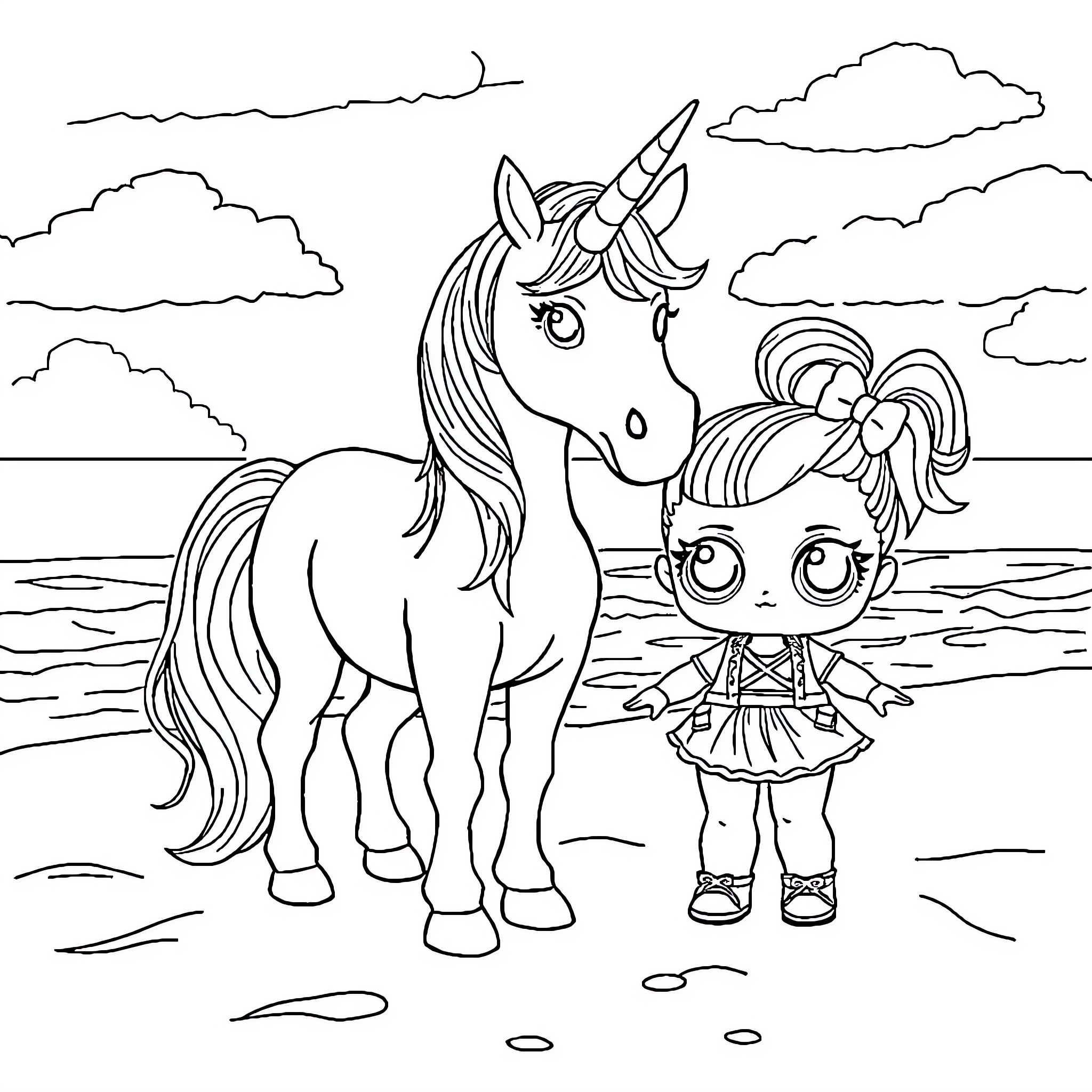 Unicorn and girl enjoying a seaside adventure Coloring Page (free black-and-white line drawing printable PDF for all, from beginners to advanced learners, including children, teens, adults, and seniors)