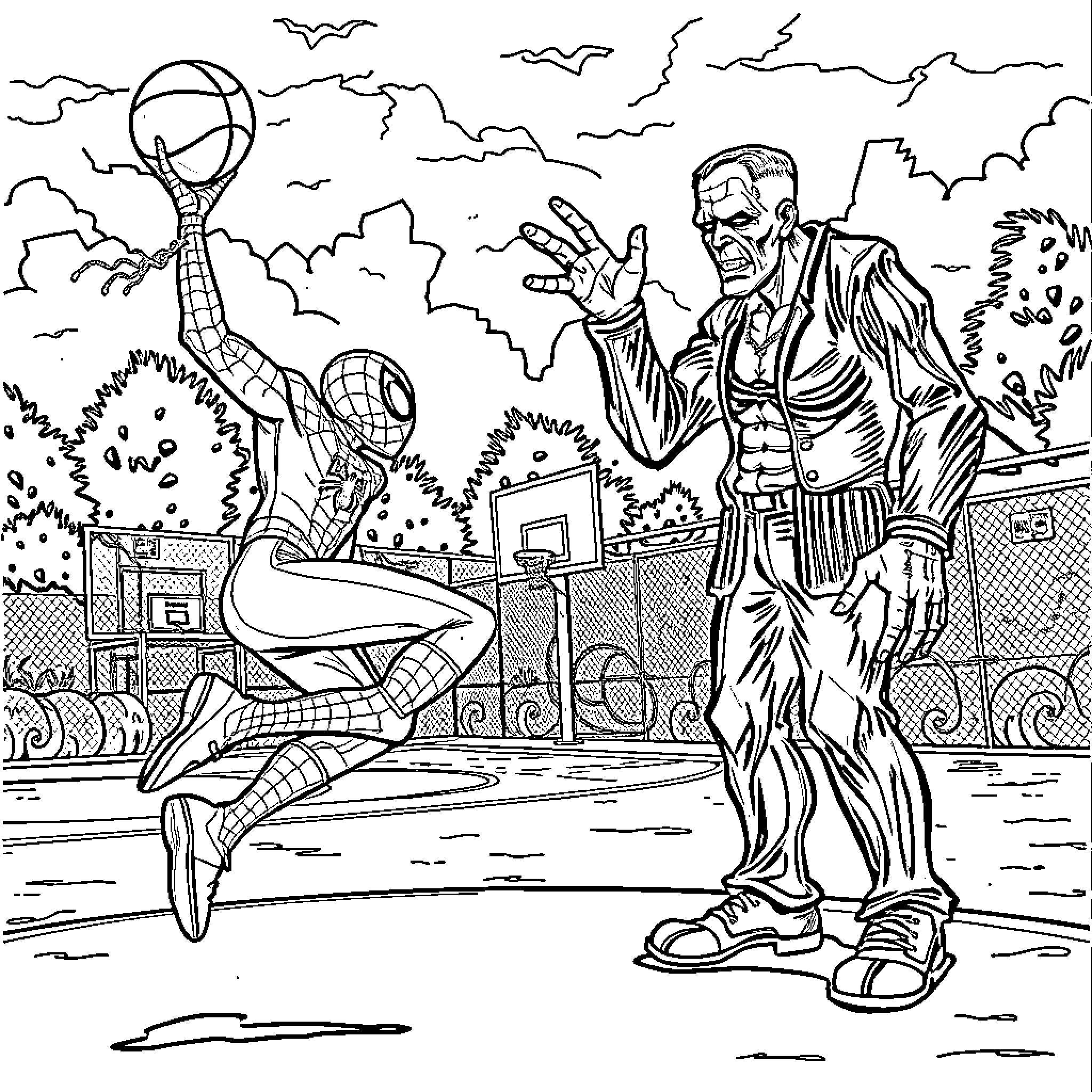 Spiderman battles a villainous foe in an intense confrontation Coloring Page (free black-and-white line drawing printable PDF for all, from beginners to advanced learners, including children, teens, adults, and seniors)