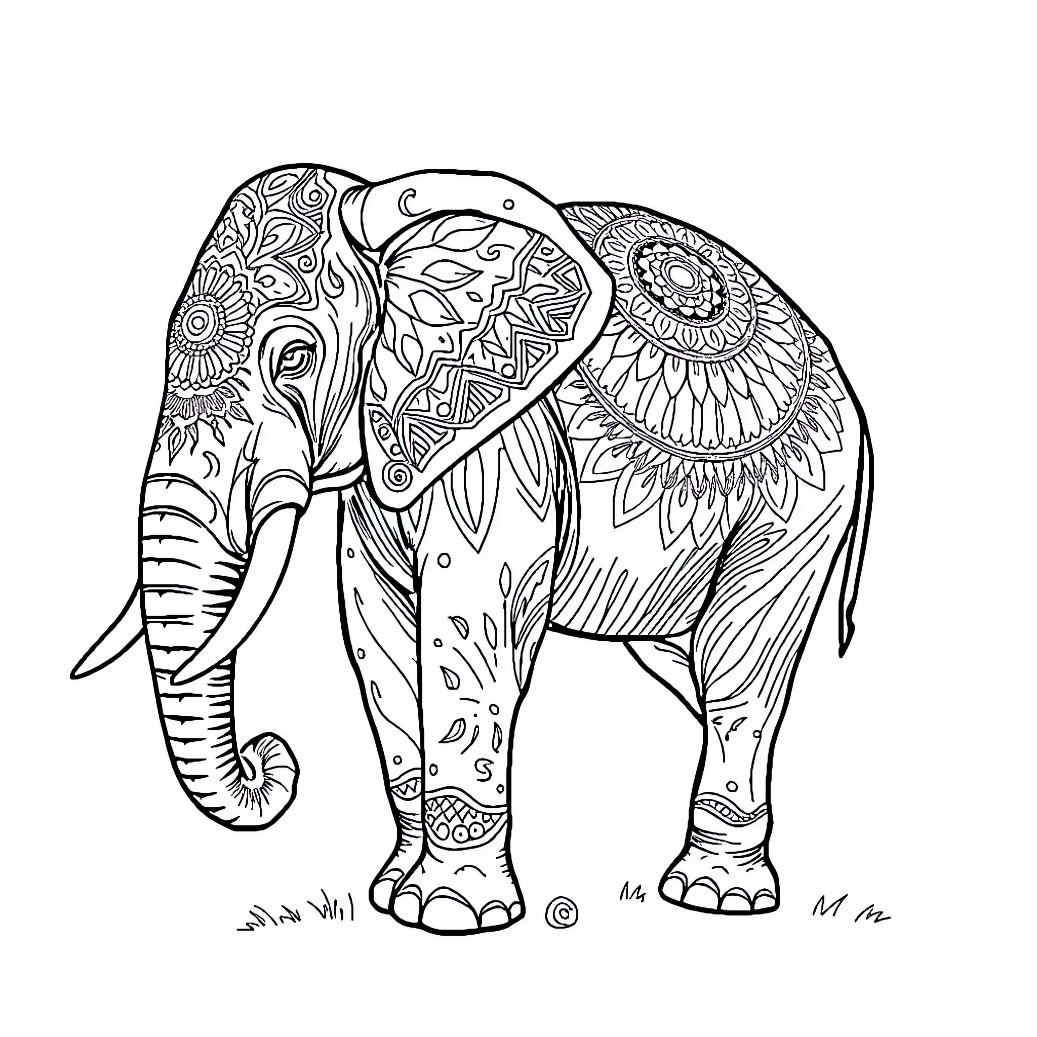 Elephant with intricate ornamental patterns Coloring Page (free black-and-white line drawing printable PDF for all, from beginners to advanced learners, including children, teens, adults, and seniors)